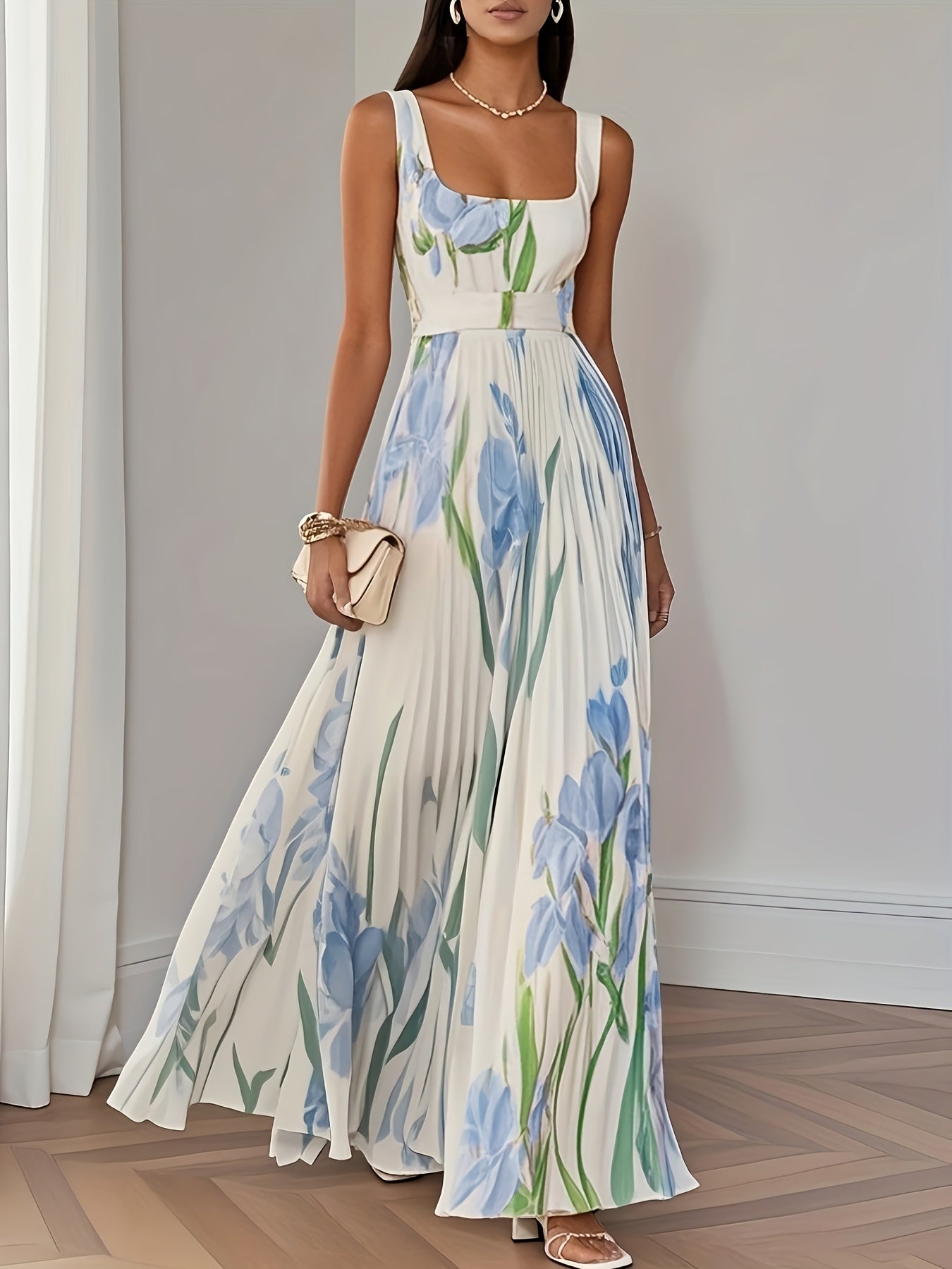 Women's Elegant Floral Print Square Neck Sleeveless High Waist A-Line Maxi Dress with Tulip Skirt - Lightweight Breathable Machine Washable Spring Summer Wedding Guest Party Dress in Mint Green & Pastel Pink, Non-Stretch Fabric