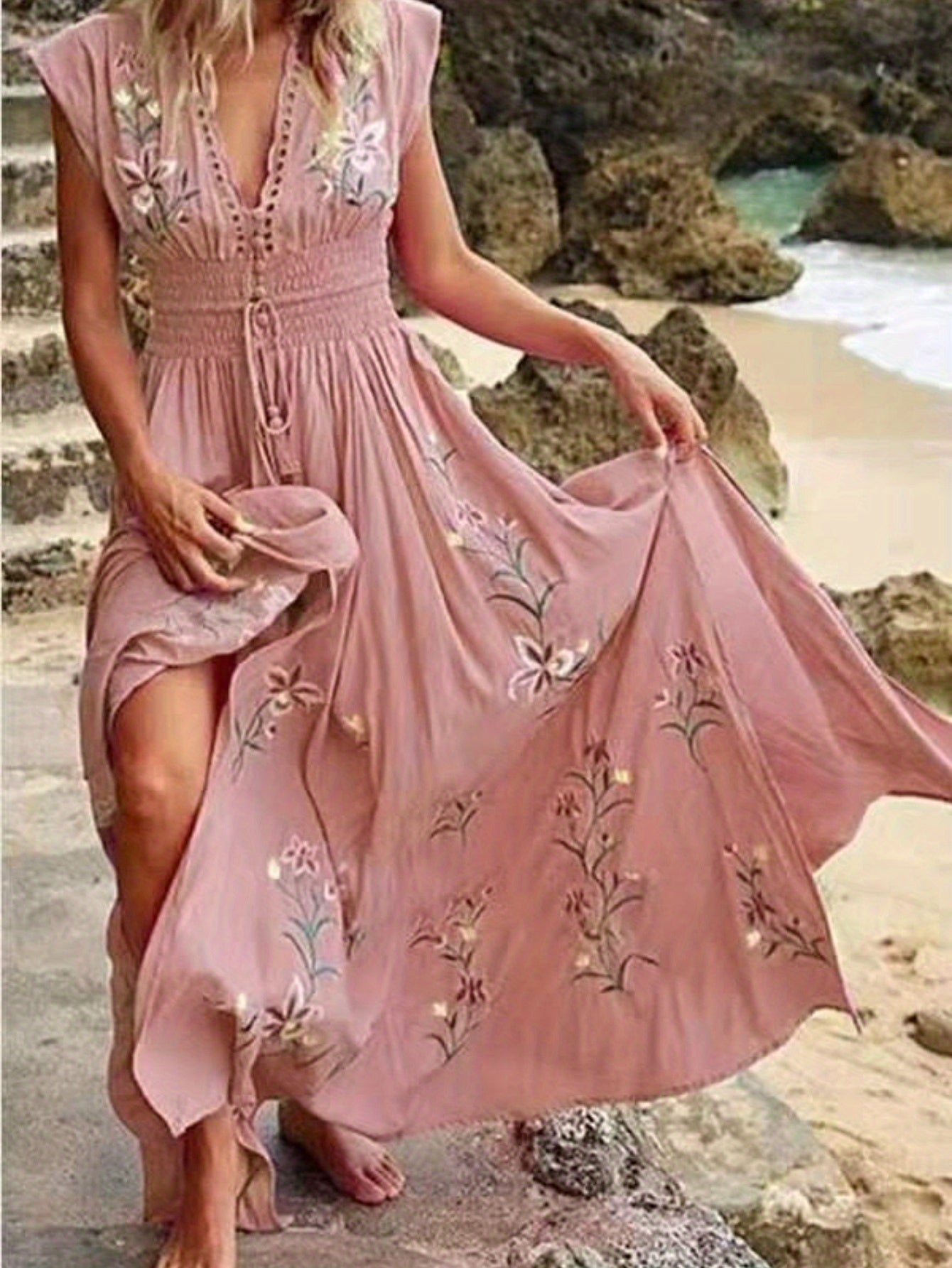 Women's Soft Pink Floral-like Bohemian Dress - Elegant V-Neck Beach Party Outfit, Machine Washable Flowy Casual to Formal Dress for Brunch, Everyday & Special Events