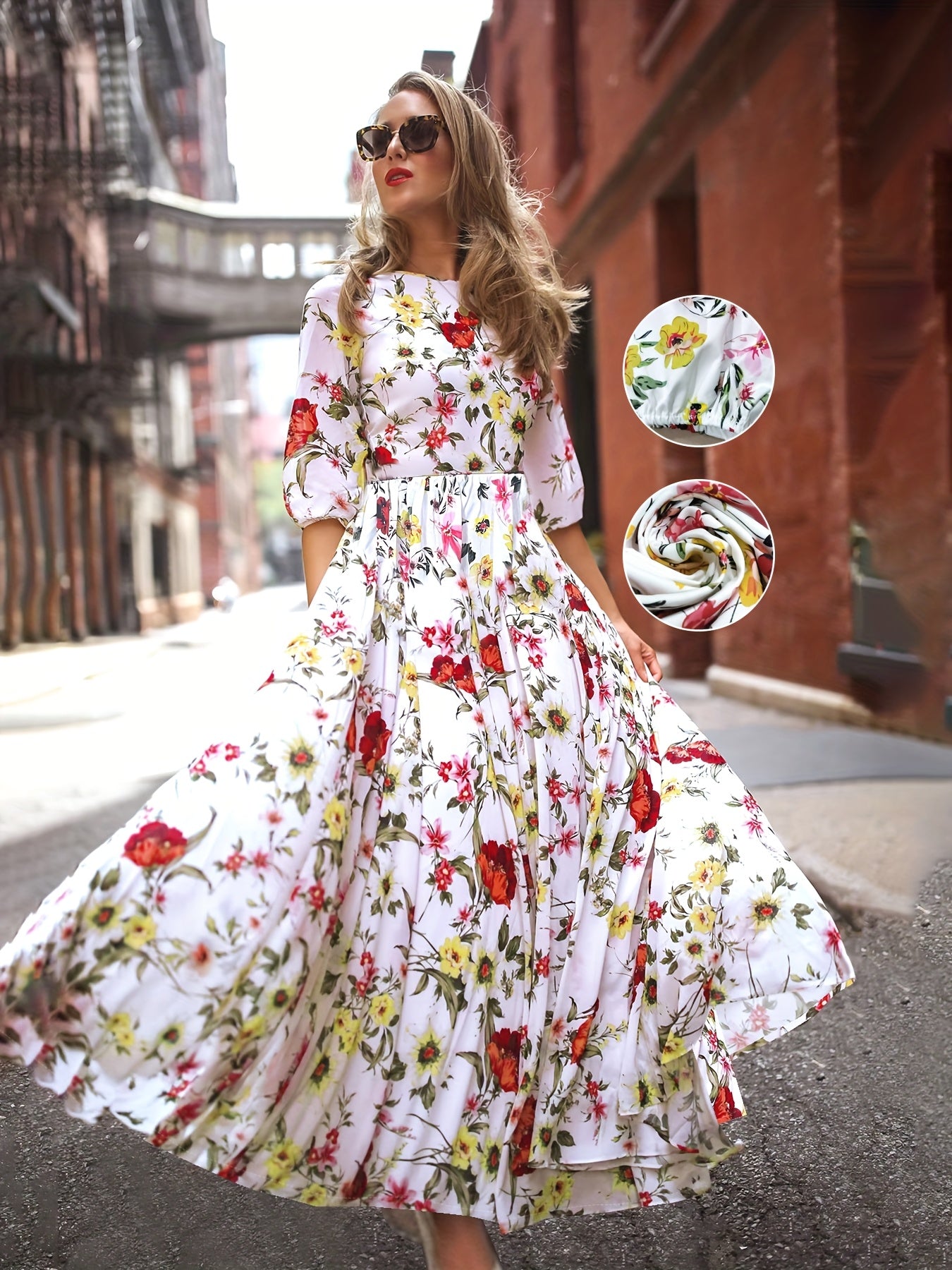 Elegant Floral Maxi Dress with Ruffled Hem - Spring/Summer Commute Dress, Round Neck, Lightweight Fabric, Perfect for Adult Women, Commute Dress | Floral Print Dress | Lightweight Fabric