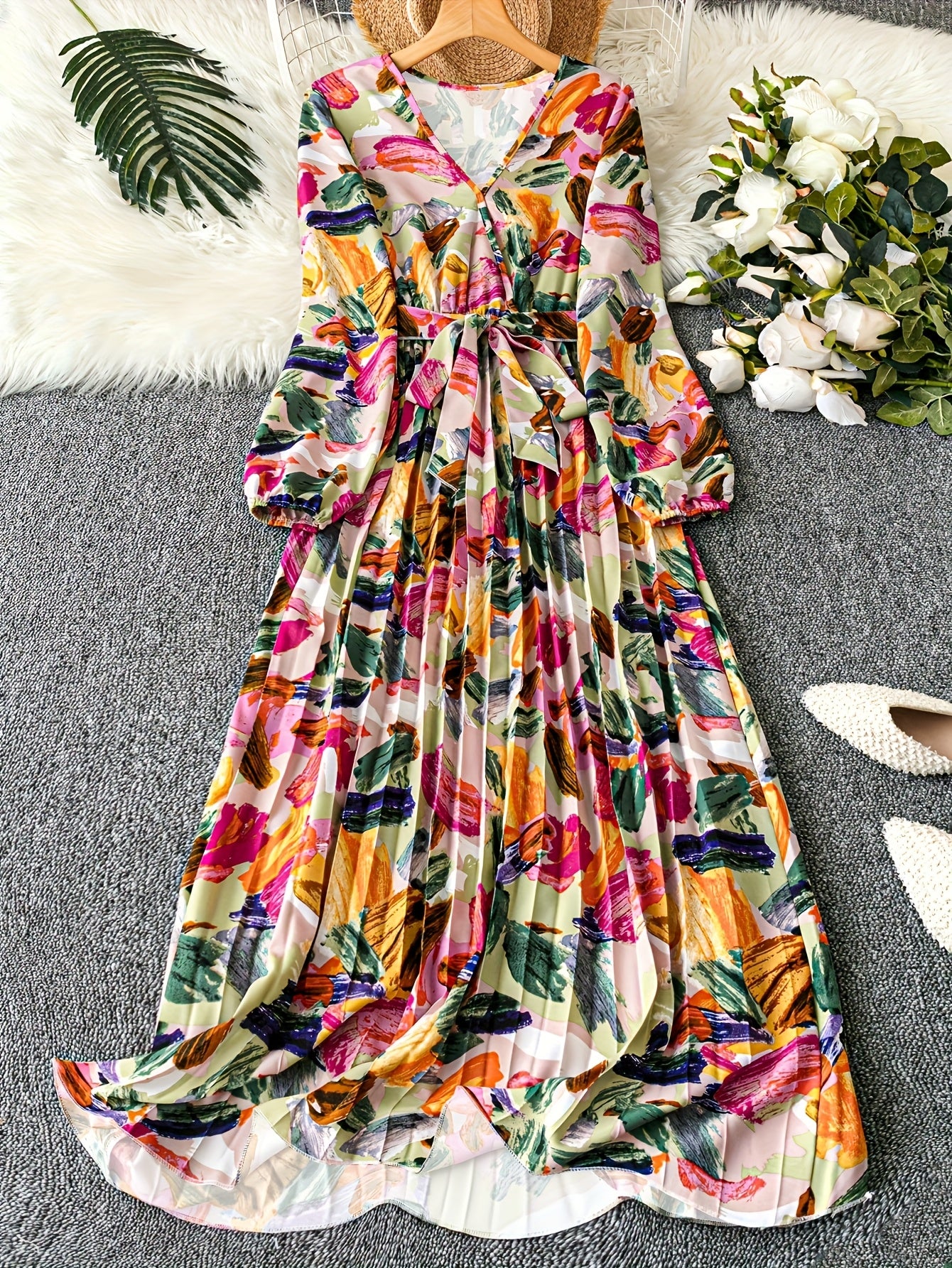 Women's Elegant V-Neck Long Sleeve Dress with Tropical Floral Print - Lightweight Breathable Fitted Silhouette for Spring Summer Fall, Machine Washable Casual to Semi-Formal Wear, Seasonal Fashion, Flowy Fabric