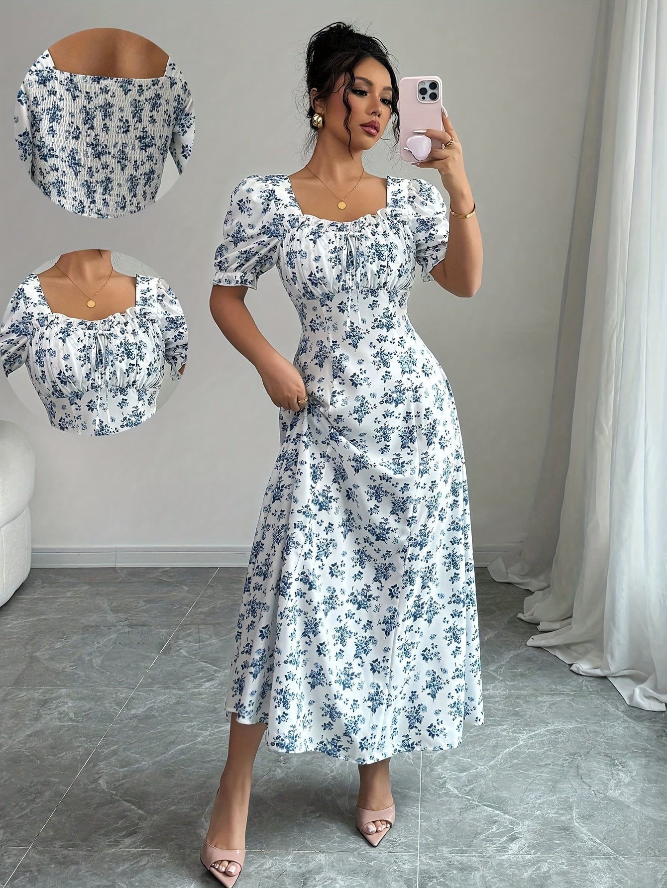Women's Elegant Floral max Dress - Lavender Floral print in Purple & Lilac, Non-Stretchy A-Line Formal & casual event gown for Wedding, Party, Everyday Outfits - Spring/Summer/Fall Clothing, Floral Print Dress, Summer Fashion, Princess Sleeves