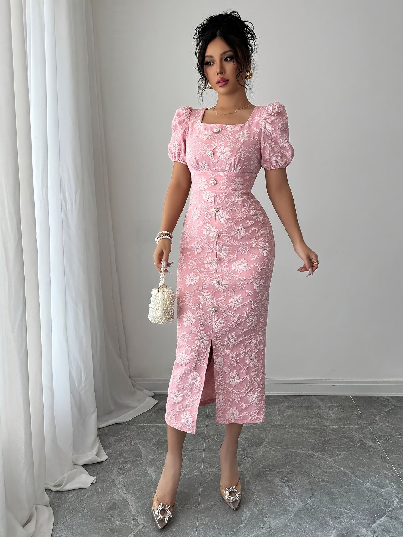 Women's Elegant Floral party dress - Formal & Everyday Women's gown with Square neckline, Machine Washable - Wedding, Office, Date Night Outfit in Soft Pink Floral Pattern, Floral Print Dress, Event Wear, Stretchy Fabric, Zipper Closure, Comfortable