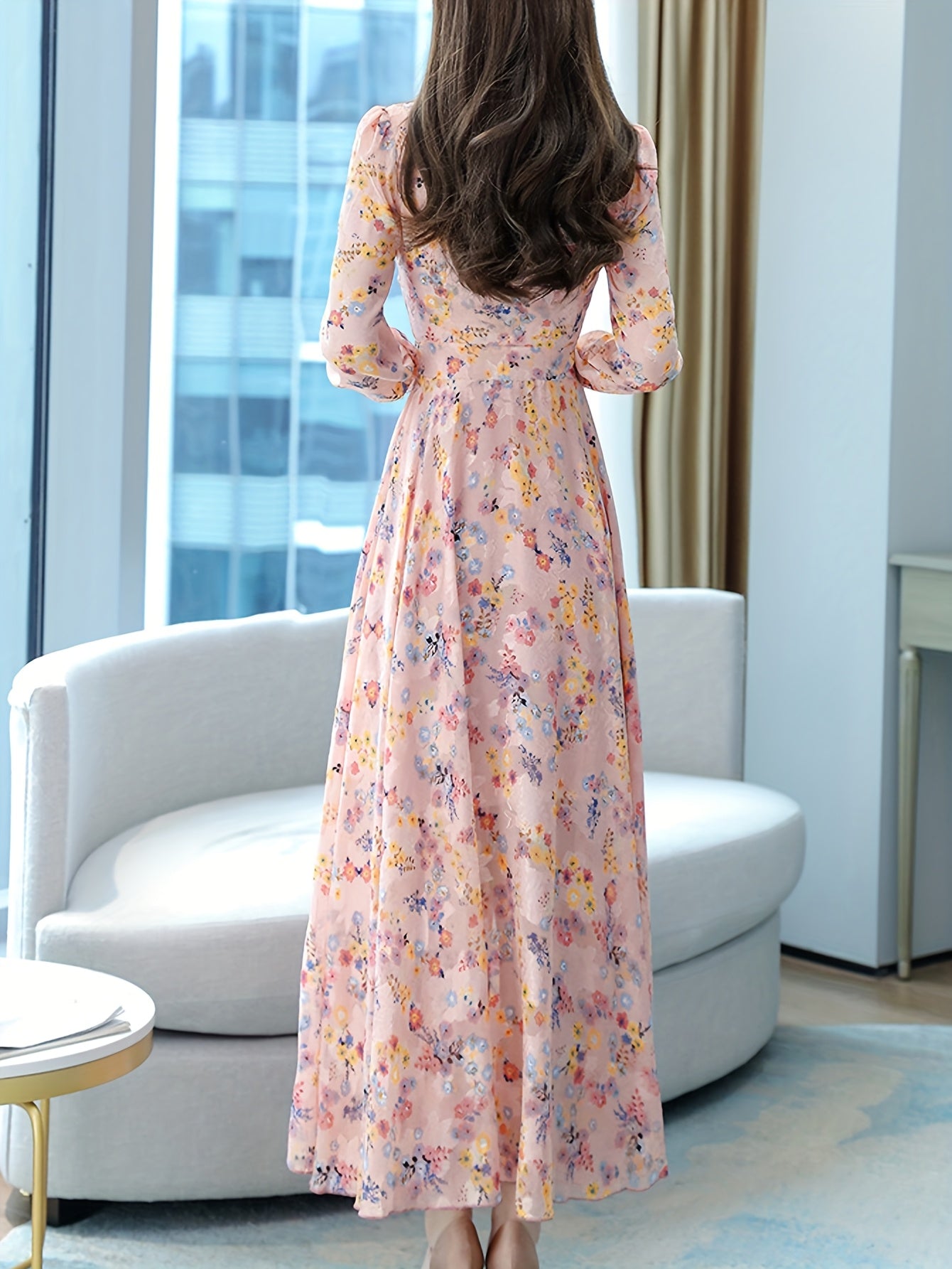 Bowknot V-neck Floral Chiffon Dress Fashionable And Casual Long-sleeved Waist Wide Hem Bohemian Cuckoo Style Printed Long Skirt