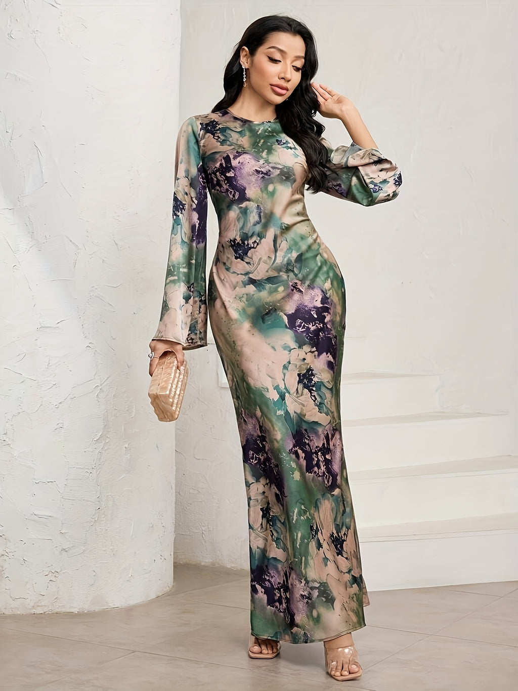 Women'S Elegant Tie-Dye Green Floral Print Maxi Dress with Long Sleeves & Back Belt - Stretchy Polyester-Spandex Blend, Perfect for Casual or Formal Occasions, Formal Evening Wear | Floral Print Dress | Polyester Blend