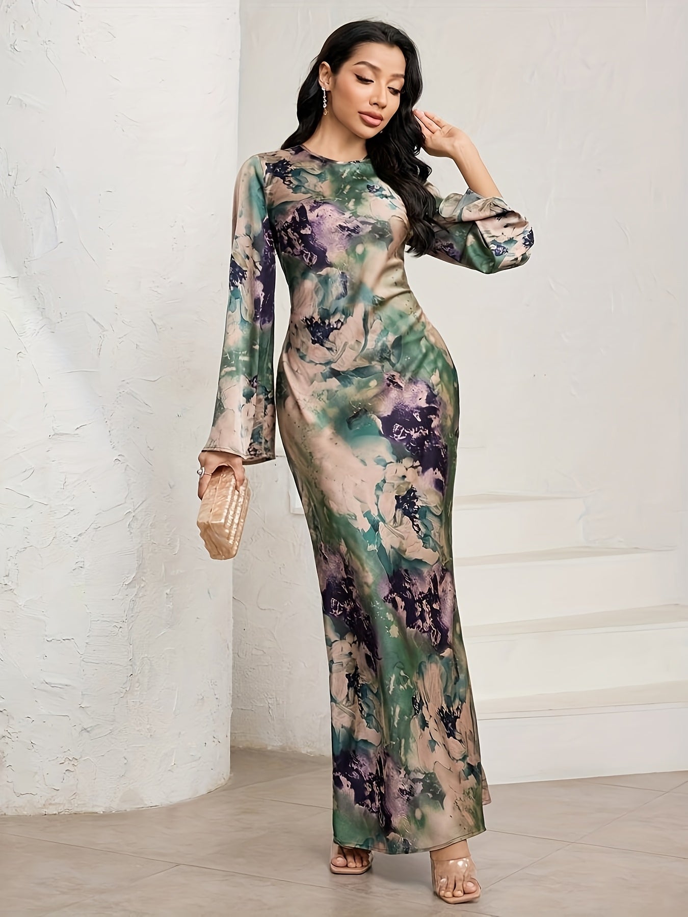Women'S Elegant Tie-Dye Green Floral Print Maxi Dress with Long Sleeves & Back Belt - Stretchy Polyester-Spandex Blend, Perfect for Casual or Formal Occasions, Formal Evening Wear | Floral Print Dress | Polyester Blend