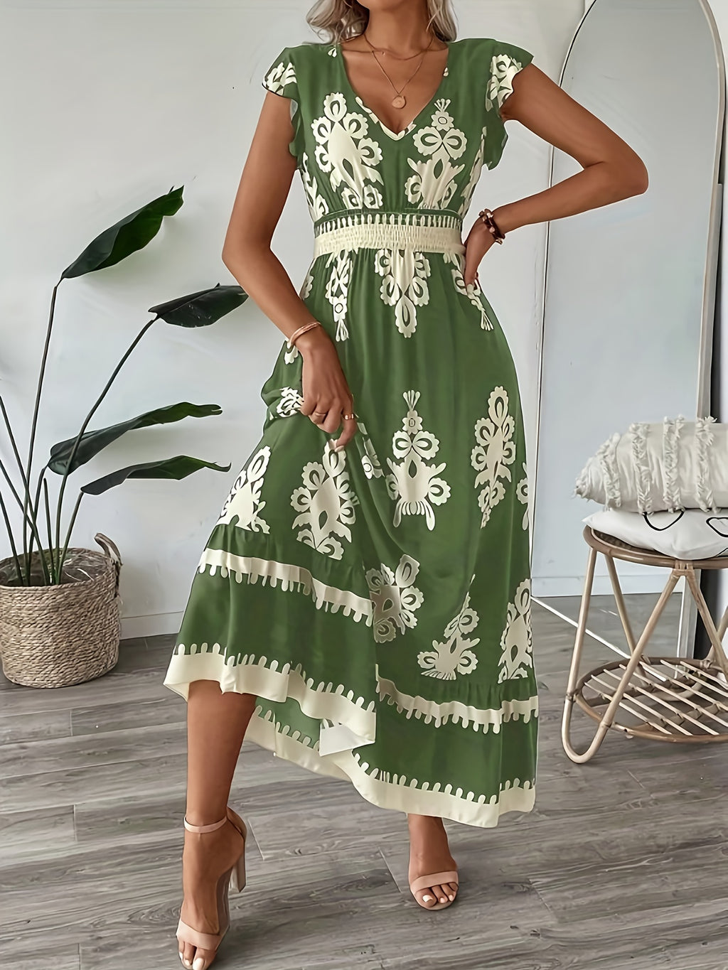 Women's New Bohemian Long Dress, V-Neck Design, Elegant Commuting Style, Full-body Positioning Print, Comfortable Fabric, Suitable for Commuting And Dating, Local Warehouse, Women's Gift,, Suitable for Autumn