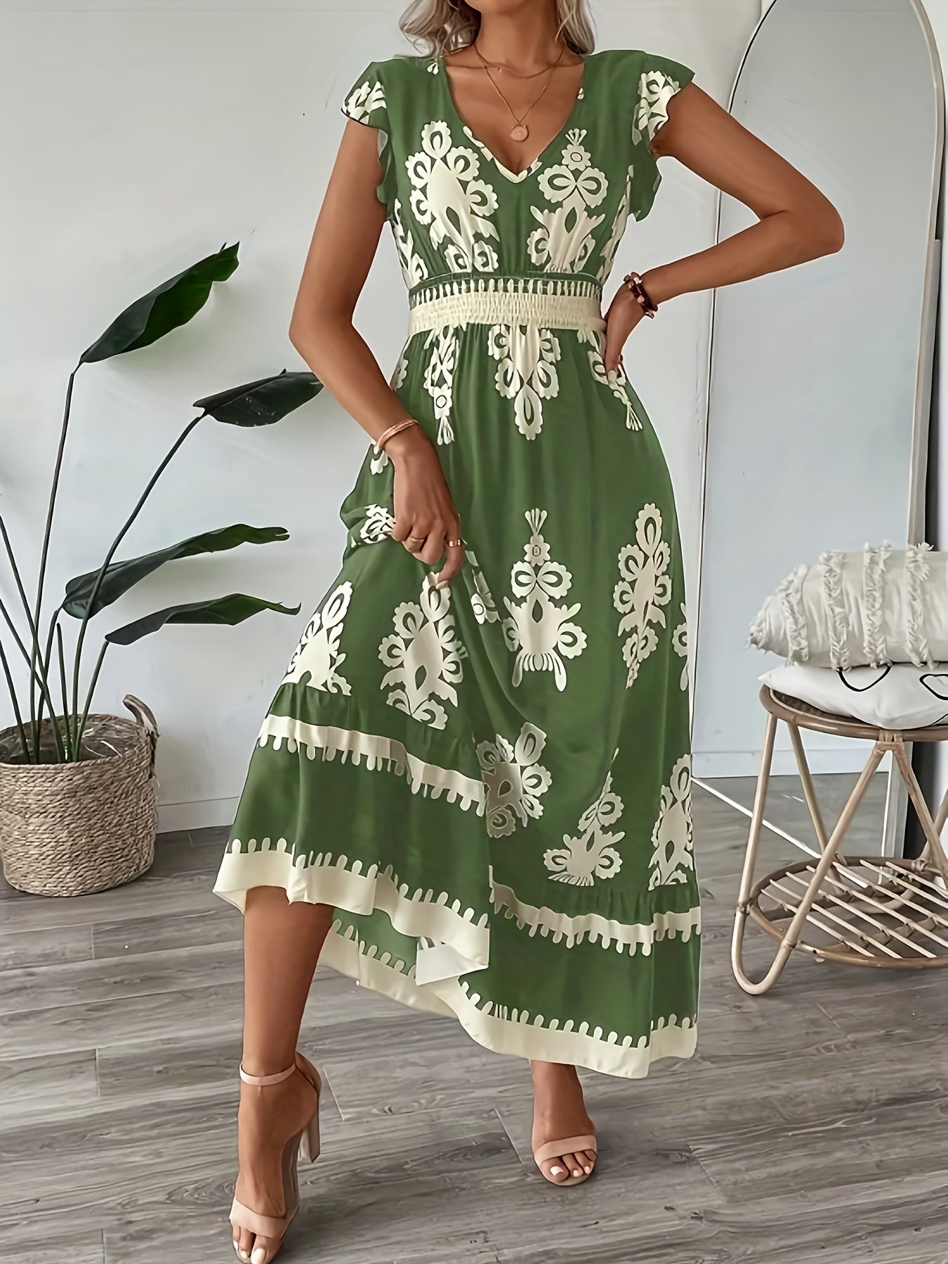 Women's New Bohemian Long Dress, V-Neck Design, Elegant Commuting Style, Full-body Positioning Print, Comfortable Fabric, Suitable for Commuting And Dating, Local Warehouse, Women's Gift,, Suitable for Autumn