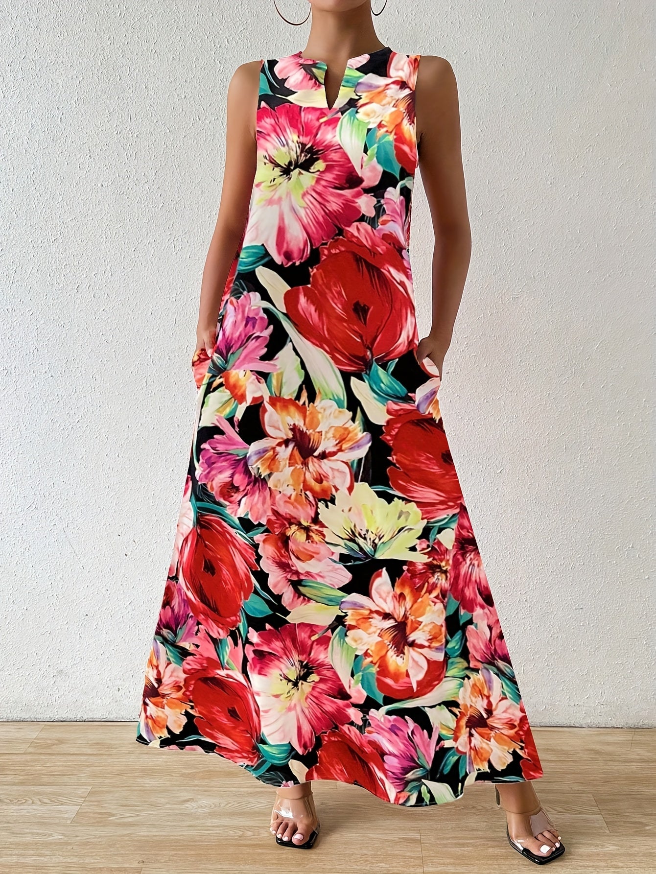 Home Holiday Leisure Flower Printed Round Neck Notched Sleeveless Tank Top Skirt Fashion Women'S Dress