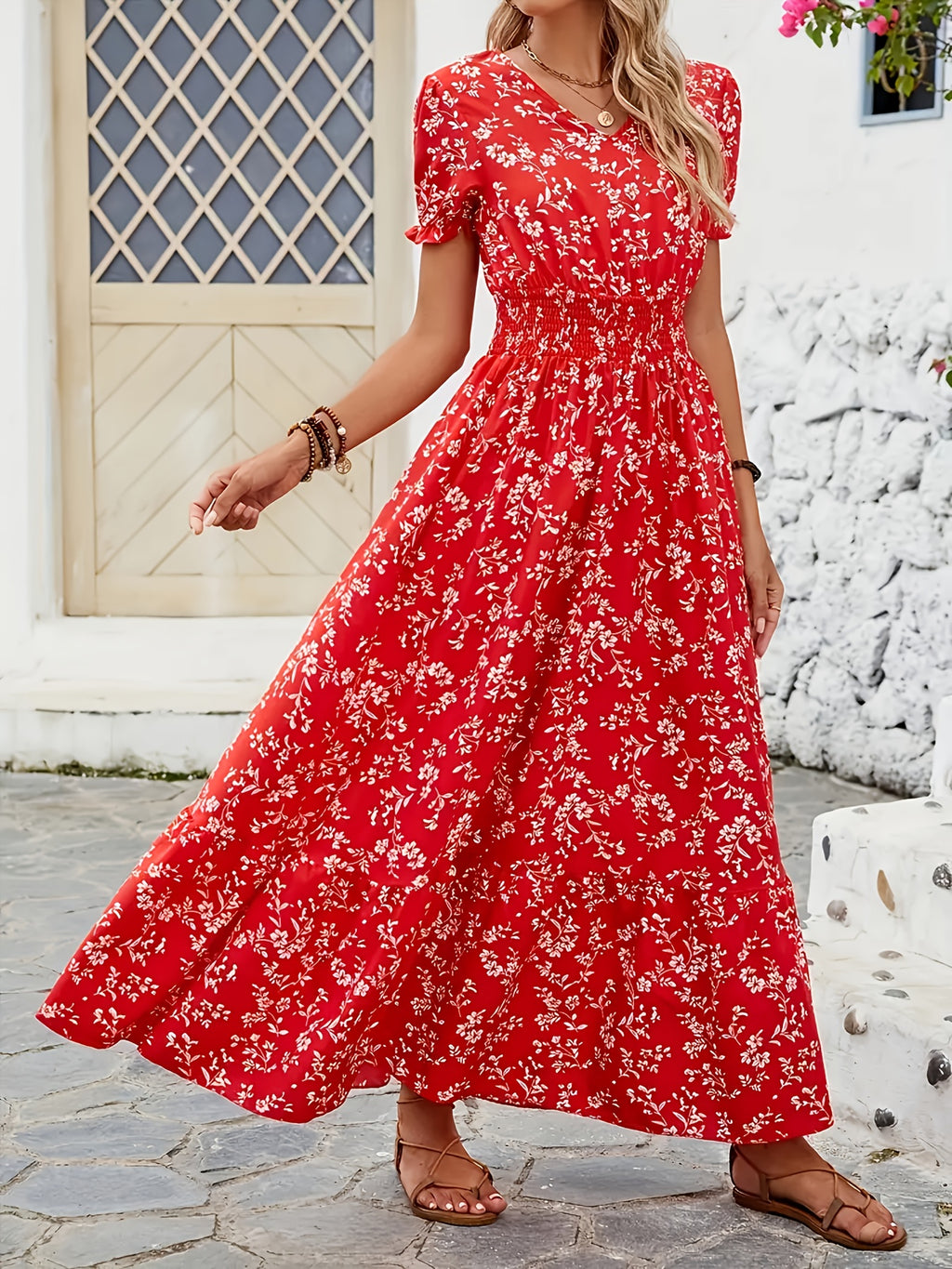 Women's Floral print long dress - Non-Stretchy A-Line party & Formal Outfit with Cinched Waist, Flared Hem - Machine Washable Red Floral Dress for Women (Spring/Fall/Summer) - Elegant Evening Gown for Weddings, Brunch, Office - Ready-to-Wear Collection,