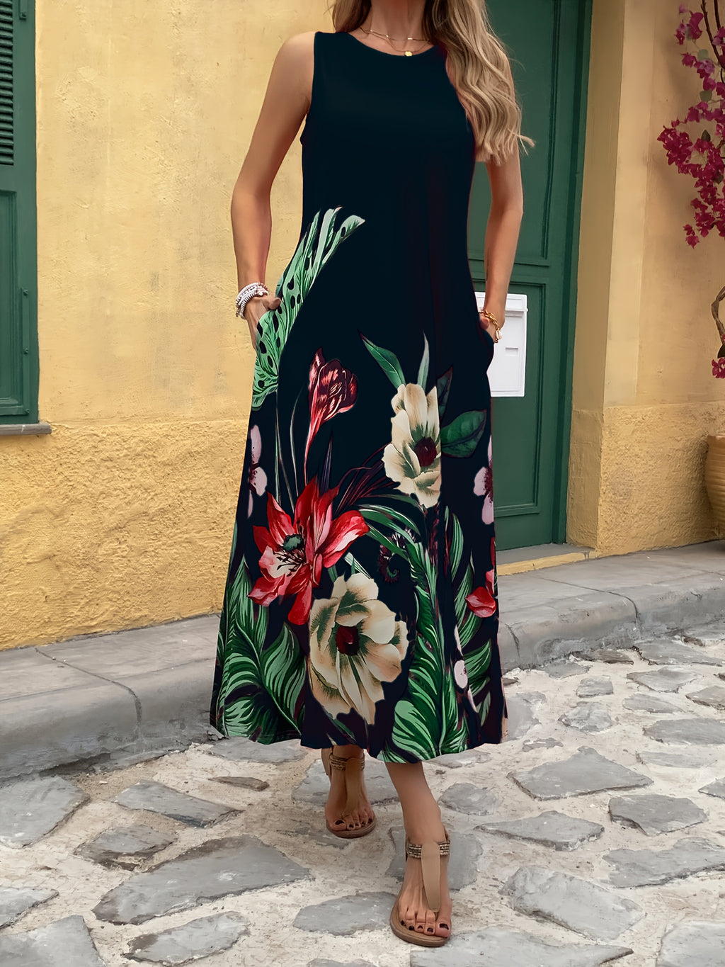 Women'S New Digital Printing Party Holiday Leisure Elegant Business Commuter Holiday Gift Pocket Strap Dress