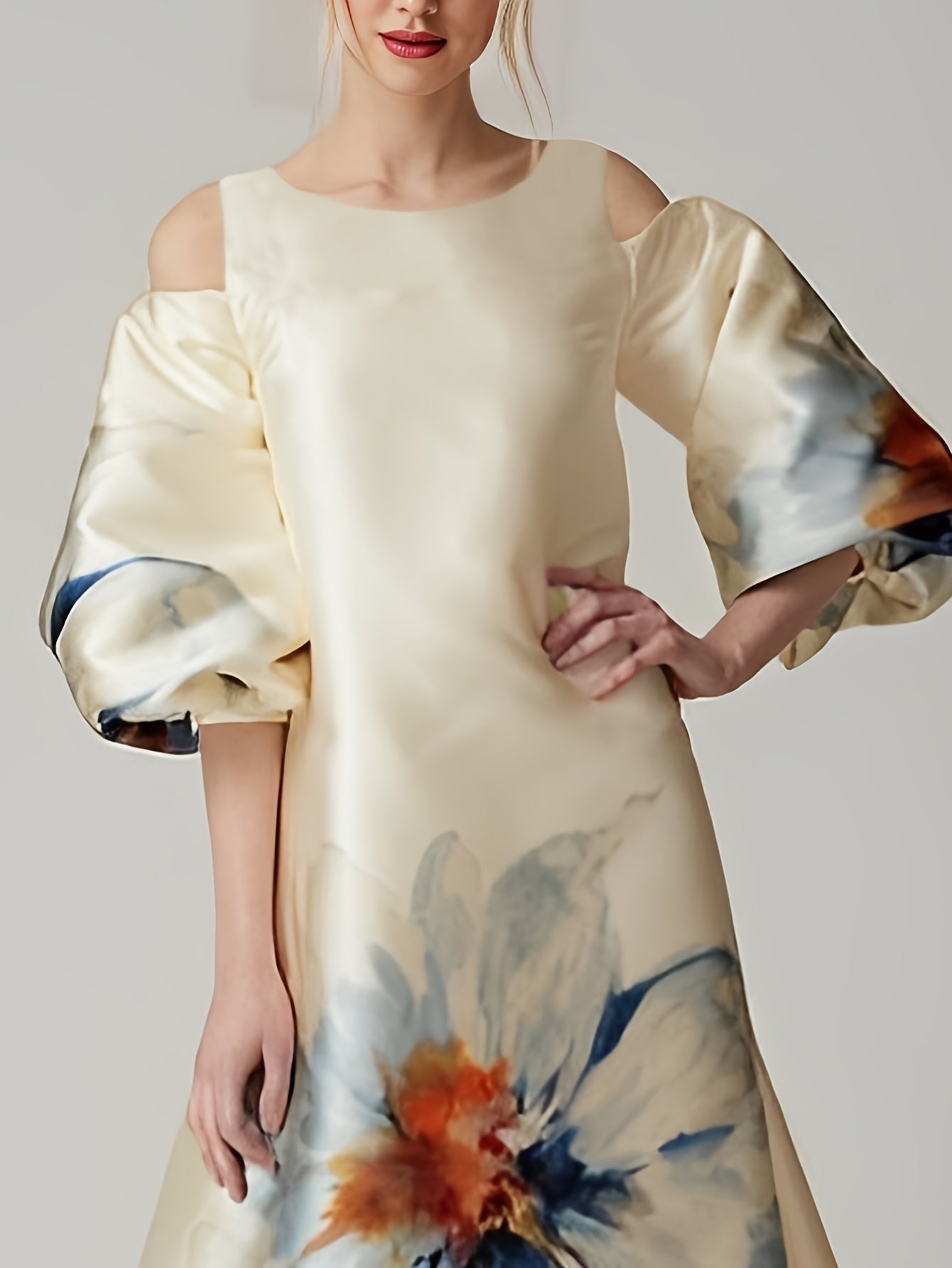 Women'S Elegant Floral dress - Beige & Blue Floral print, Flared long sleeves, Formal & Everyday Occasions - No Belt Needed - Fall/Winter Women'S Clothing - Elegant Party Wedding Outfit Casual Chic Attire, Dresses for Wedding Guest, Winter Fashion,