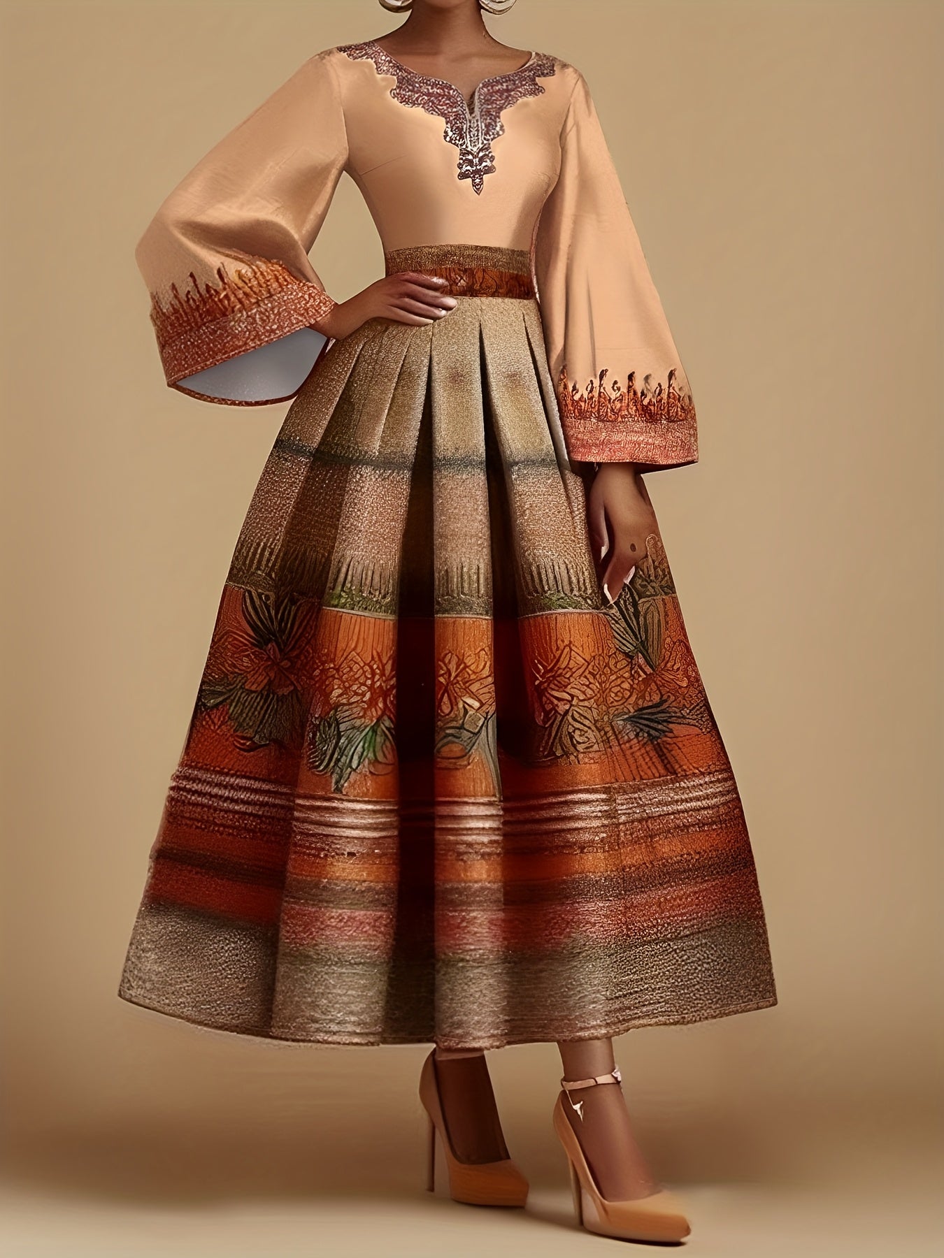 Elegant Floral Print Maxi Dress with Bell Sleeves and Cinched Waist - Vibrant Orange, Beige, and Brown Design, Long Sleeve, Flowy A-Line Silhouette, Perfect for Spring/Summer/Fall, Women'S Fashion, Floral Dress