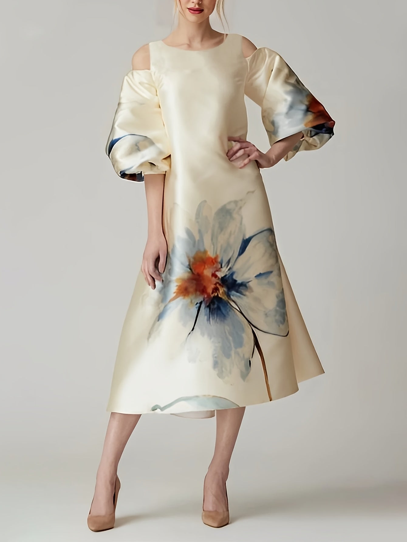 Women'S Elegant Floral dress - Beige & Blue Floral print, Flared long sleeves, Formal & Everyday Occasions - No Belt Needed - Fall/Winter Women'S Clothing - Elegant Party Wedding Outfit Casual Chic Attire, Dresses for Wedding Guest, Winter Fashion,