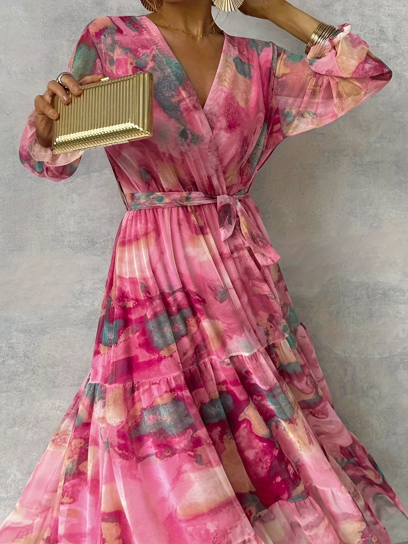 Women's Elegant Floral print maxi dress - A-Line formal & casual gown Pink/, Machine Washable non-stretchy fabric for Parties, Office, Casual Attire - All-Season Women's Clothing, Office Attire, Graceful Silhouette, Quality Stitching, Vneckline Dress,