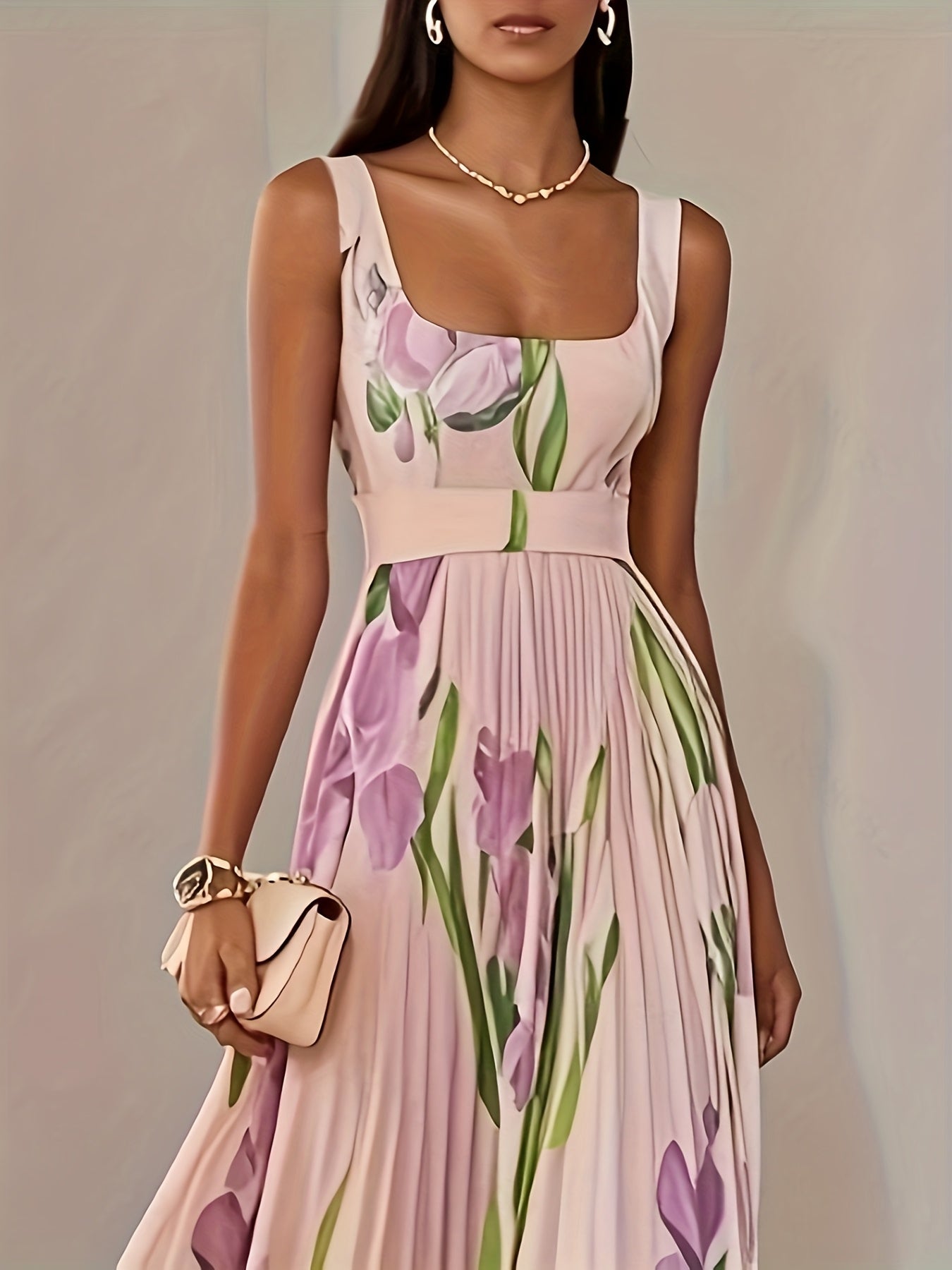 Elegant One-Shoulder Floral Print Maxi Dress with Pleated Detail - Sleeveless, V-Neck, Mid-Length for Women - Perfect for Parties & Formal Events, Floral Dress