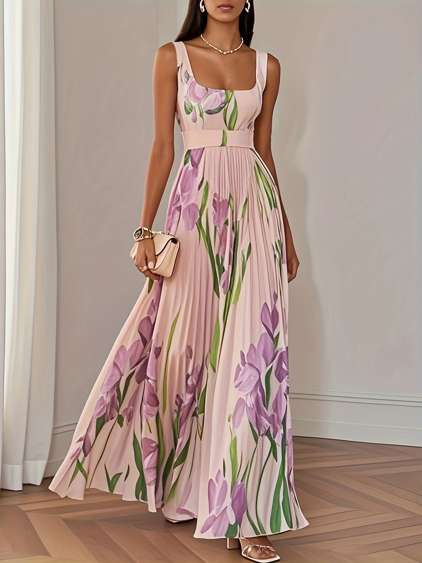Elegant One-Shoulder Floral Print Maxi Dress with Pleated Detail - Sleeveless, V-Neck, Mid-Length for Women - Perfect for Parties & Formal Events, Floral Dress