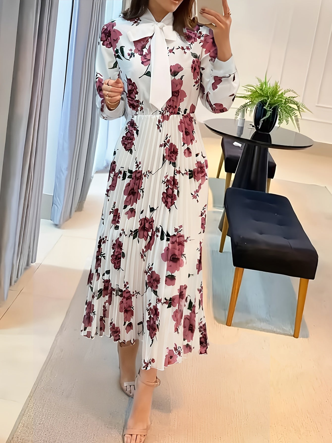 Elegant Floral Print Long Sleeve Dress for Women, Polyester, with Tie Front and Bow Detail, for Spring/Summer/Fall - Woven A-Line Midi Dress with Tie Neck Collar