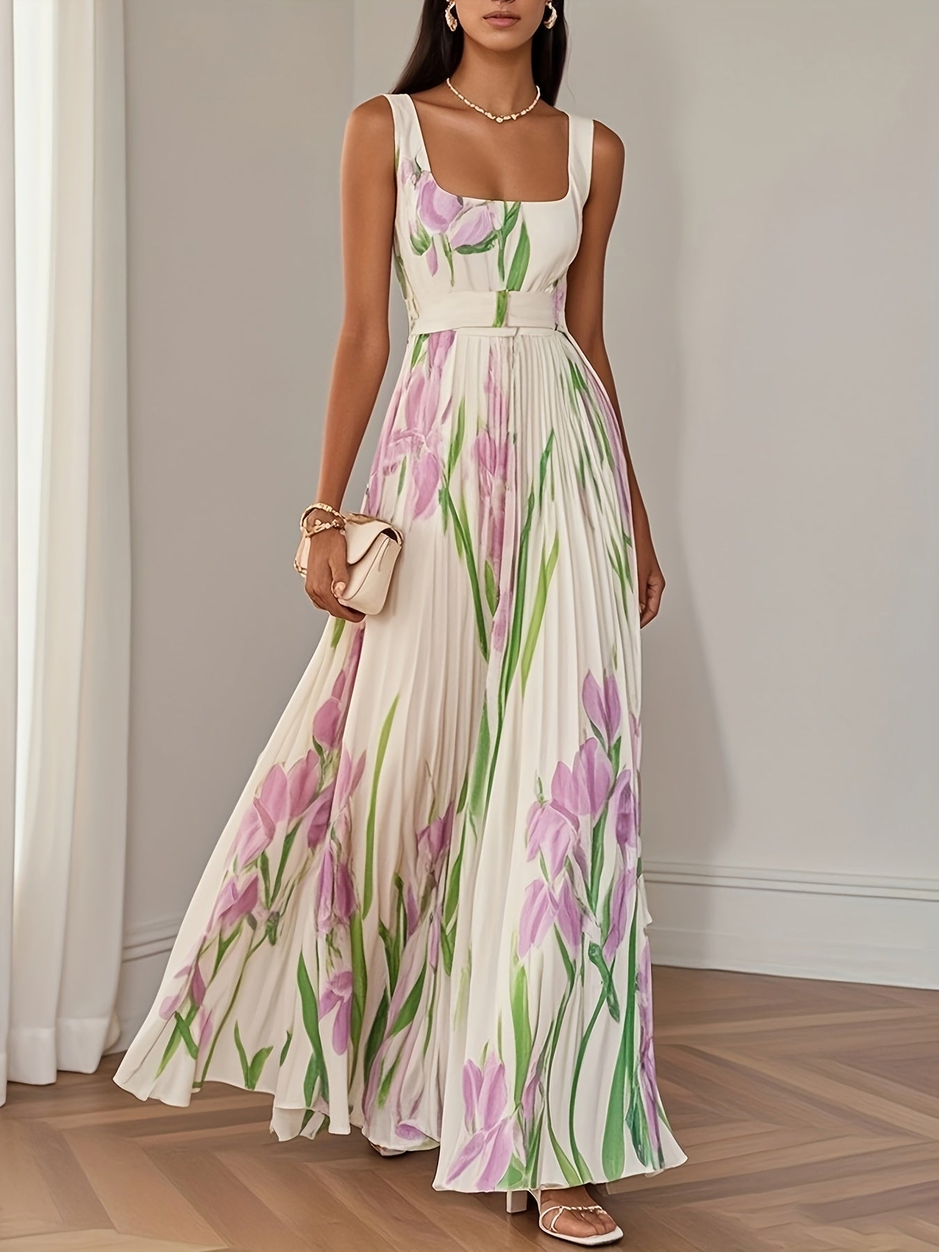 Elegant One-Shoulder Floral Print Maxi Dress with Pleated Detail - Sleeveless, V-Neck, Mid-Length for Women - Perfect for Parties & Formal Events, Floral Dress