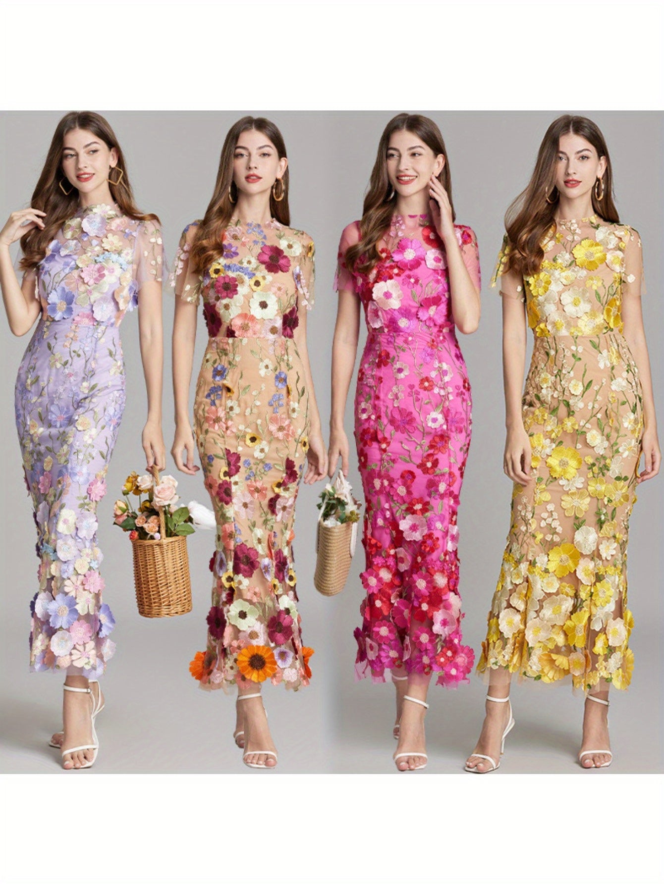 Elegant Heavy-Duty Floral Lace Embroidered Fitted Mermaid Long Dress for Women, Suitable for Weddings And Bridesmaid Attire.
