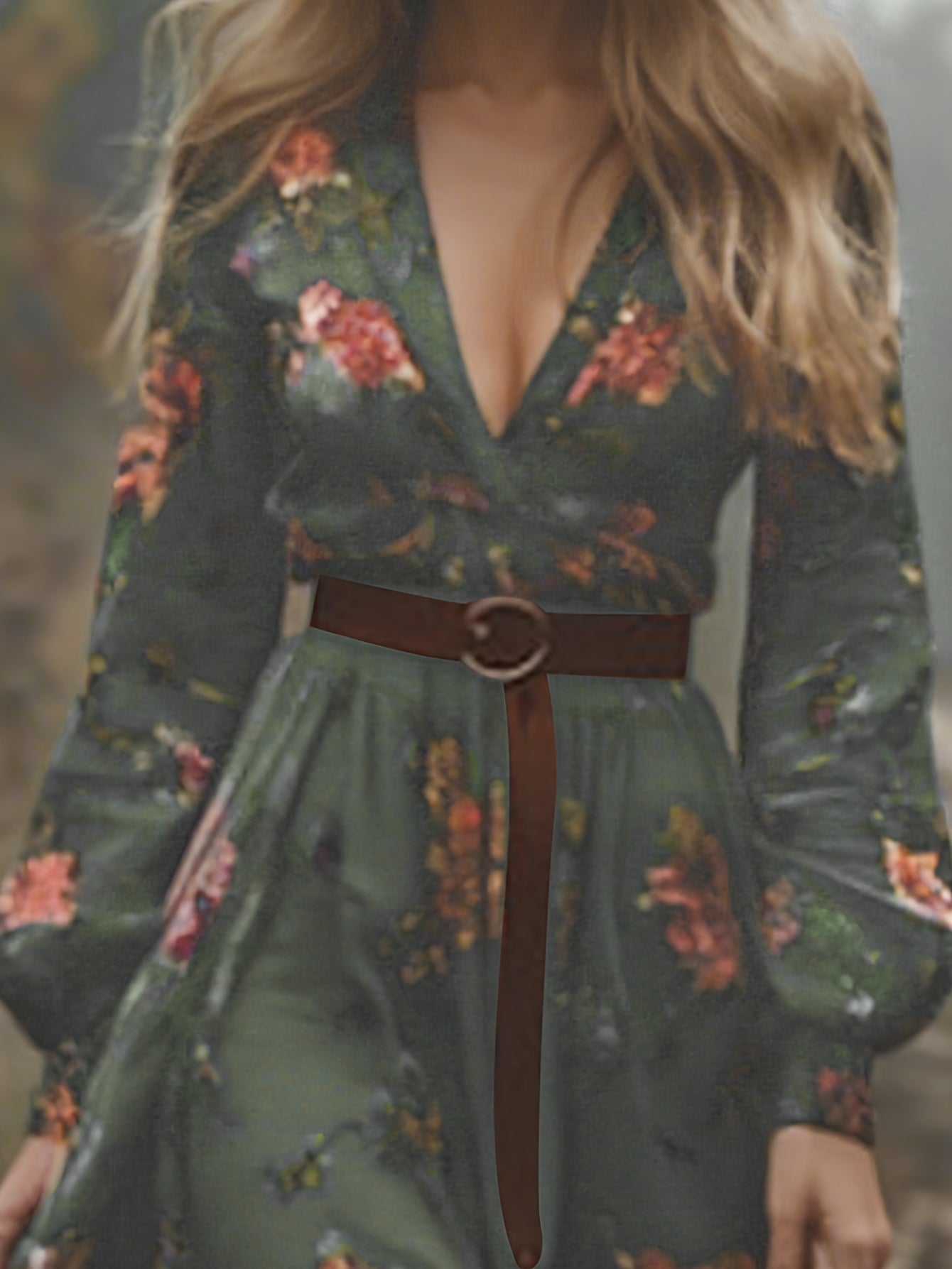 ZOELNIC Elegant Long Sleeve Floral Maxi Dress with Deep V-Neck | Chic Party & Casual Wear(Not Include Belt), Stylish Dresses for Women, Evening Gown for Women Elegant Classy, Classy Dresses for Women High Quality, Long Dress with Sleeves, Wedding Dress