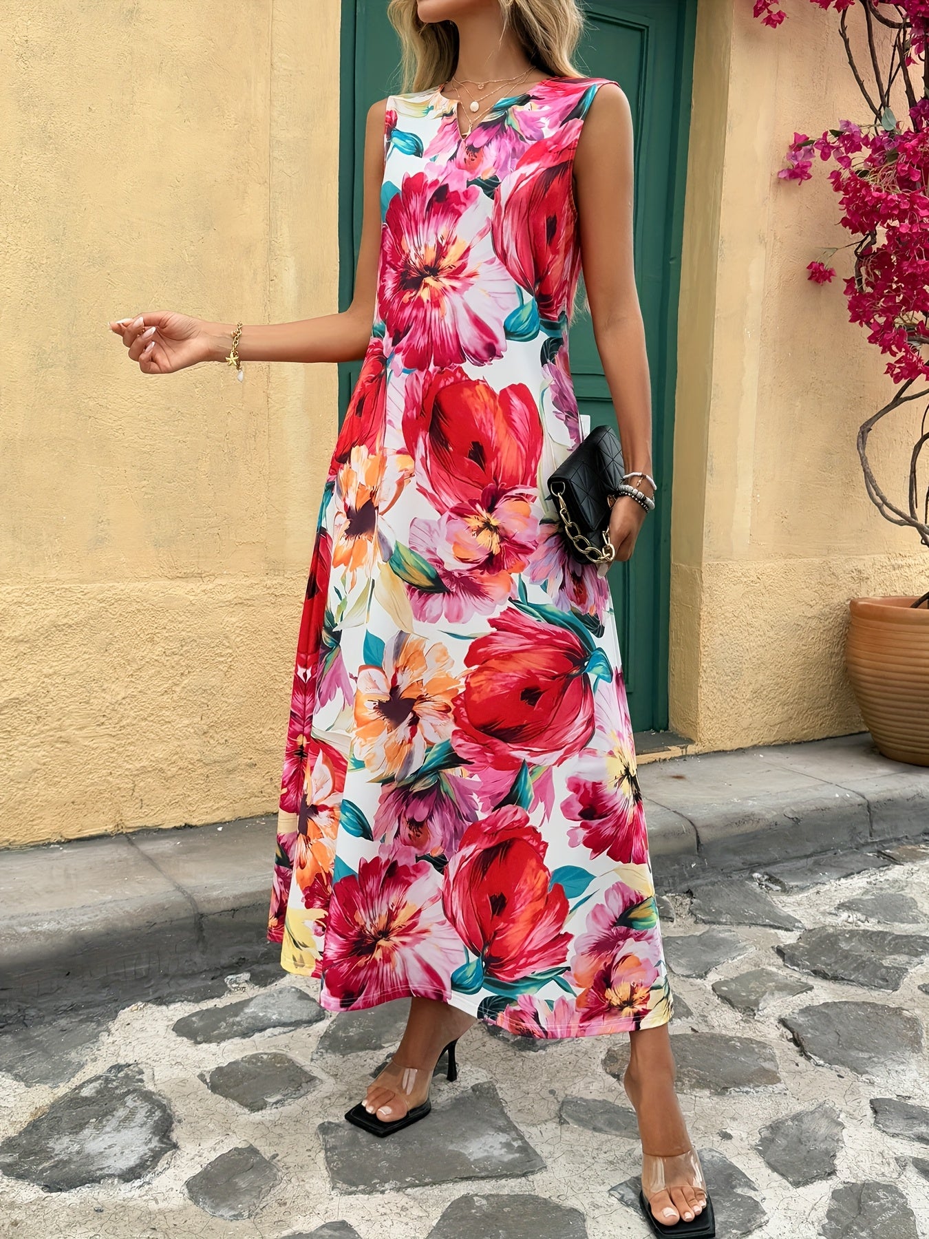 Home Holiday Leisure Flower Printed Round Neck Notched Sleeveless Tank Top Skirt Fashion Women'S Dress