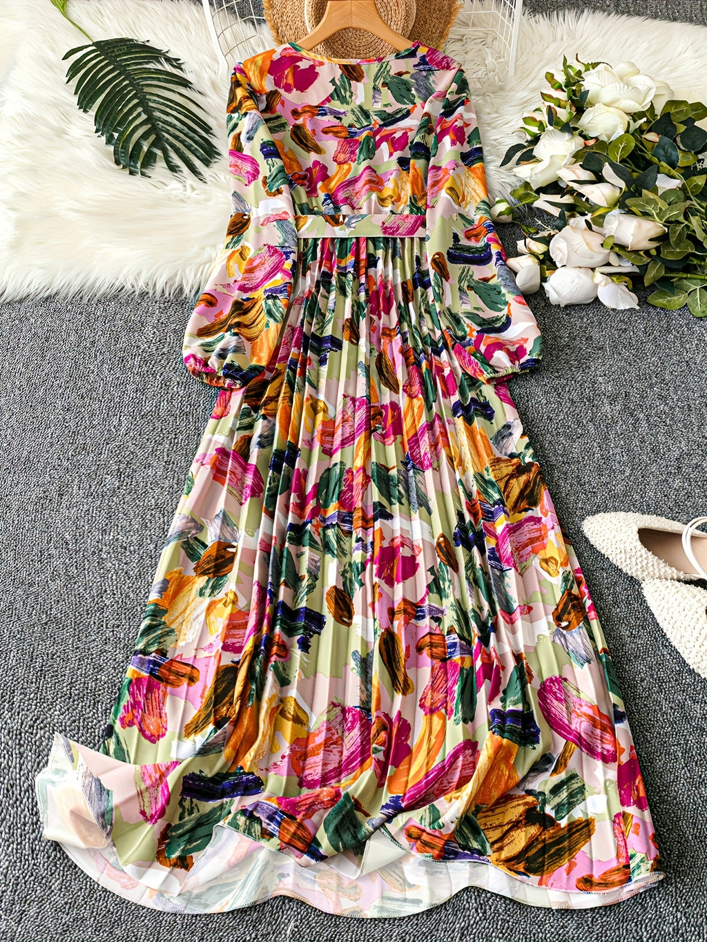 Women's Elegant V-Neck Long Sleeve Dress with Tropical Floral Print - Lightweight Breathable Fitted Silhouette for Spring Summer Fall, Machine Washable Casual to Semi-Formal Wear, Seasonal Fashion, Flowy Fabric