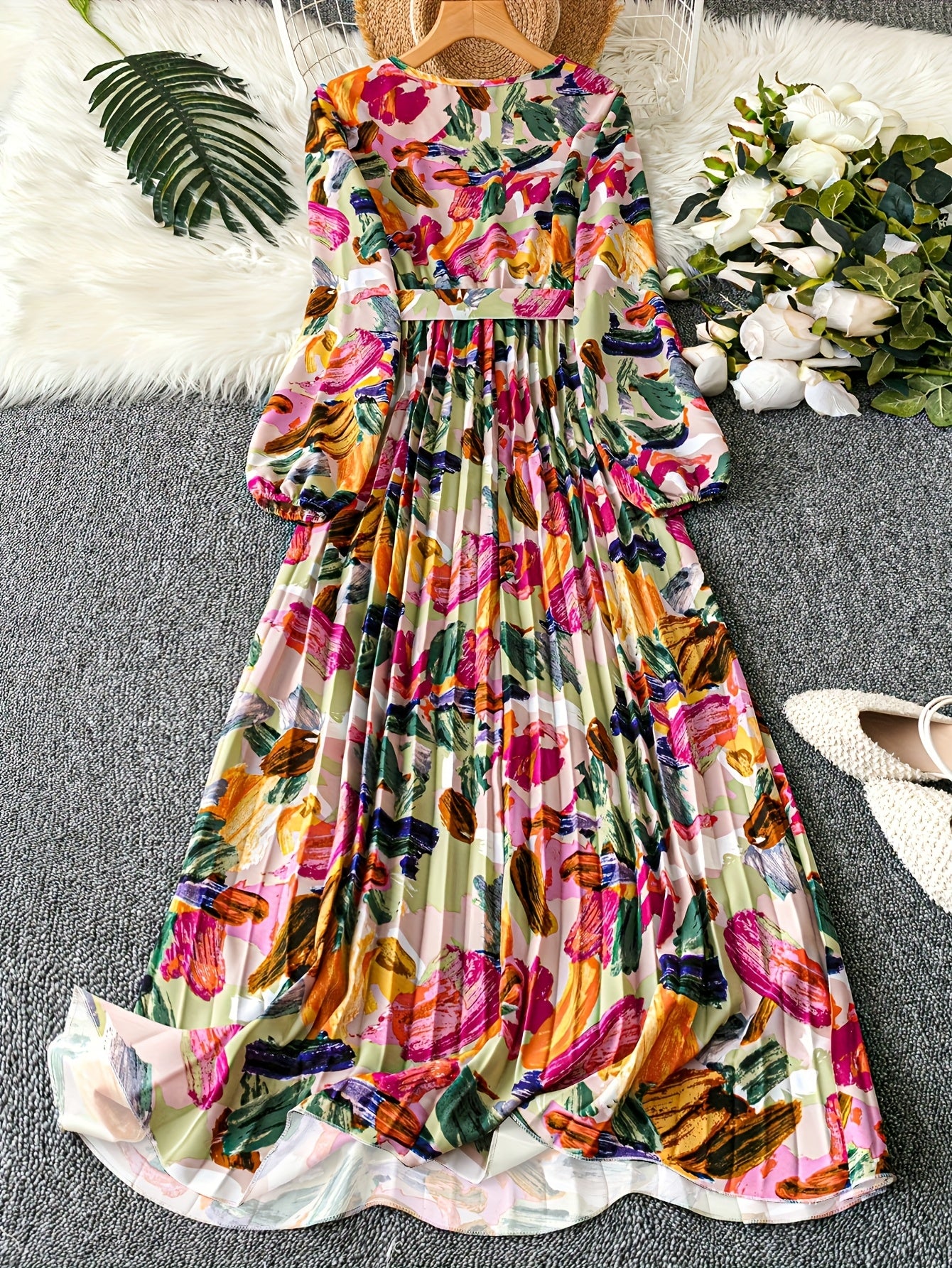 Women's Elegant V-Neck Long Sleeve Dress with Tropical Floral Print - Lightweight Breathable Fitted Silhouette for Spring Summer Fall, Machine Washable Casual to Semi-Formal Wear, Seasonal Fashion, Flowy Fabric