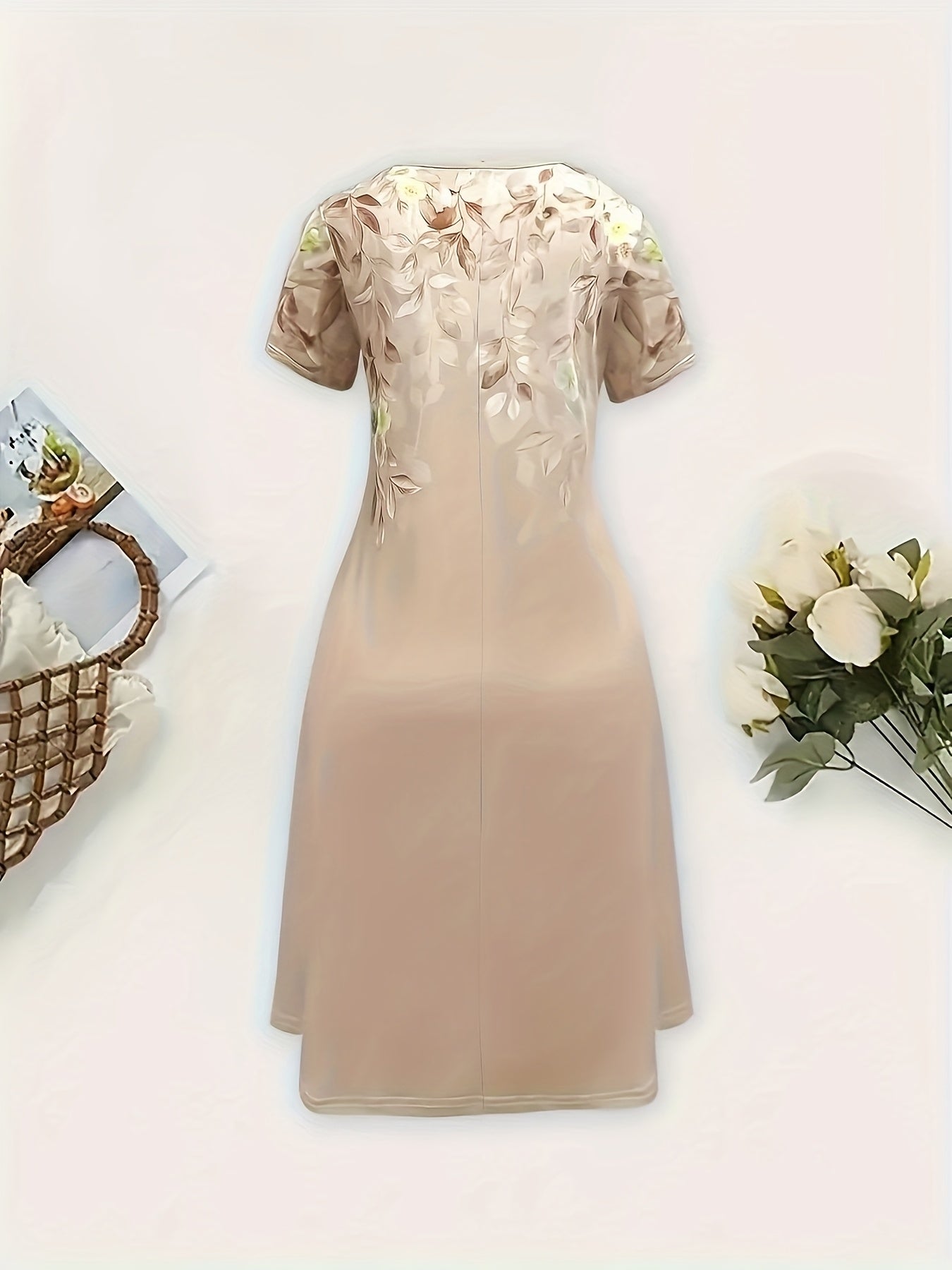 Women's Elegant Floral Print A-Line Midi Dress - Short Sleeve, Round Neck, Lightweight Polyester, Perfect for Spring/Summer Vacations, Beachwear Ready, Beach Dress, Attractive Skirts for Women, Summer Clothing Promotion for Ladies, Cute Summer Dress,