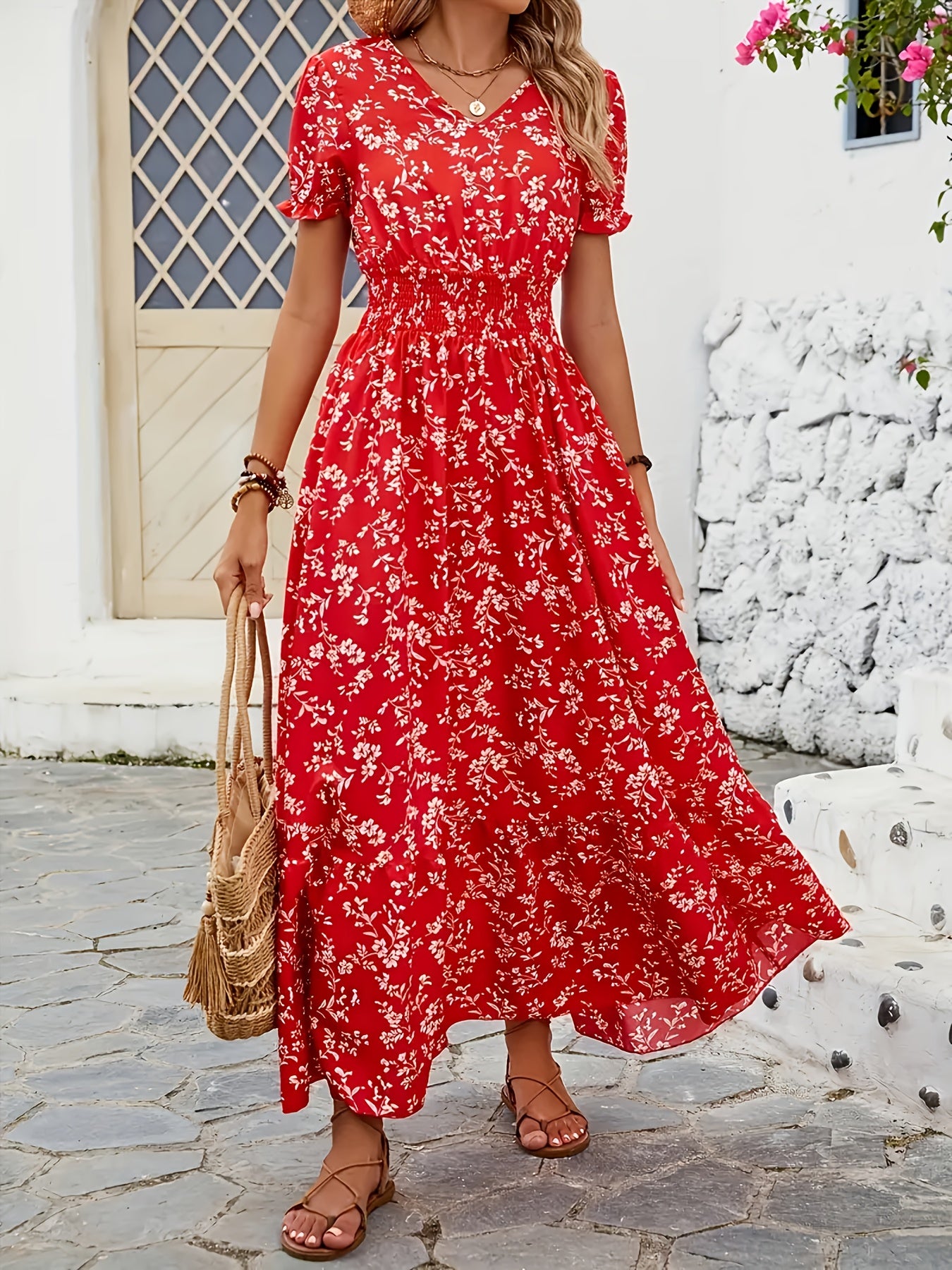 Women's Floral print long dress - Non-Stretchy A-Line party & Formal Outfit with Cinched Waist, Flared Hem - Machine Washable Red Floral Dress for Women (Spring/Fall/Summer) - Elegant Evening Gown for Weddings, Brunch, Office - Ready-to-Wear Collection,