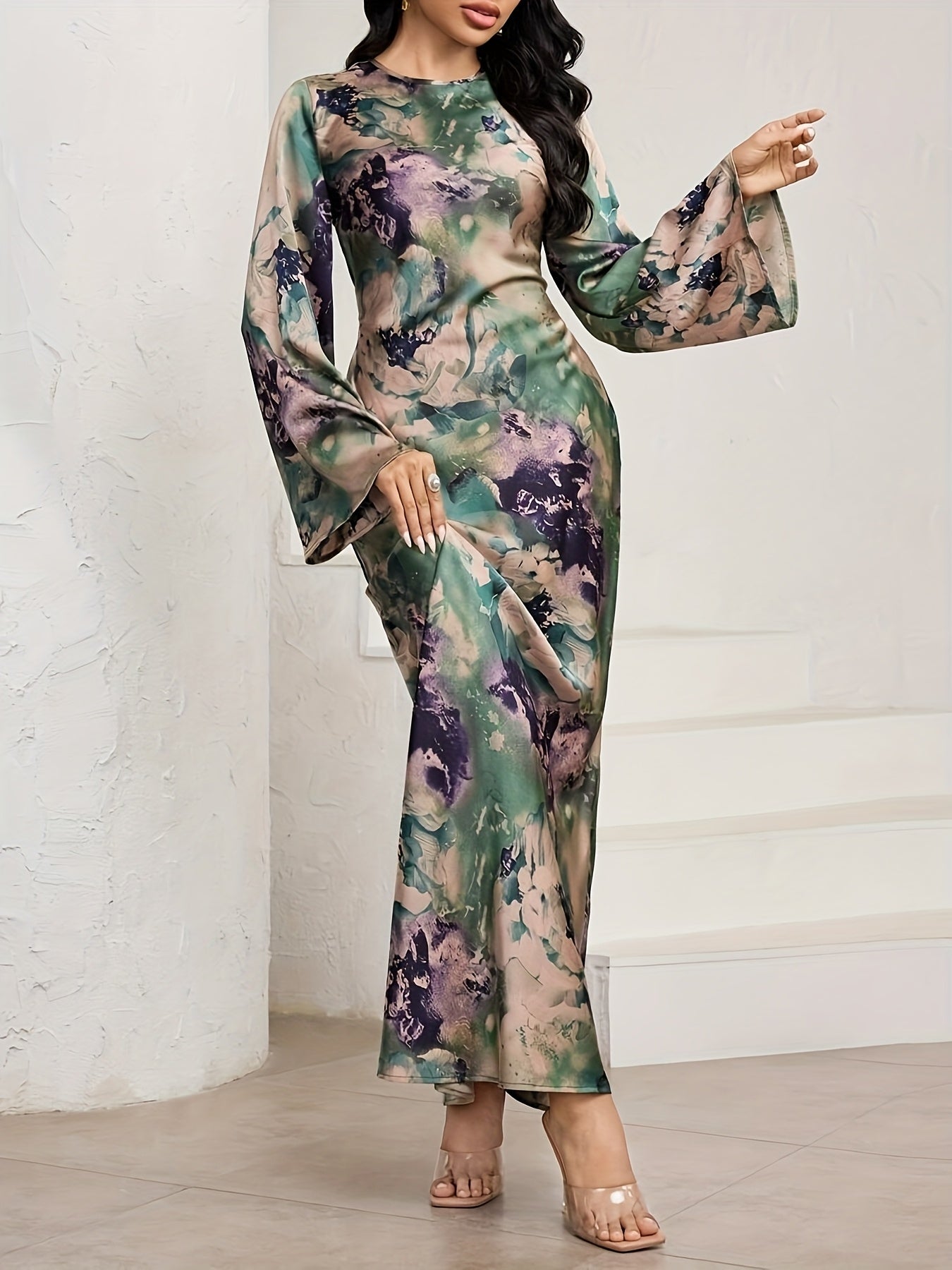 Women'S Elegant Tie-Dye Green Floral Print Maxi Dress with Long Sleeves & Back Belt - Stretchy Polyester-Spandex Blend, Perfect for Casual or Formal Occasions, Formal Evening Wear | Floral Print Dress | Polyester Blend