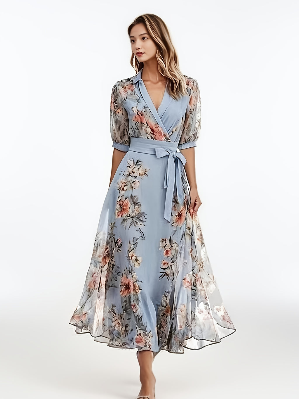 Women's Elegant Floral - Maxi Dress with V-Neck, A-Line Silhouette, Machine Washable for Wedding, Party, Everyday Outfits - Spring/Summer/Fall Clothing, Spring Fashion, Feminine Design, Comfortable Fit, Bow Detail, Casual Wear