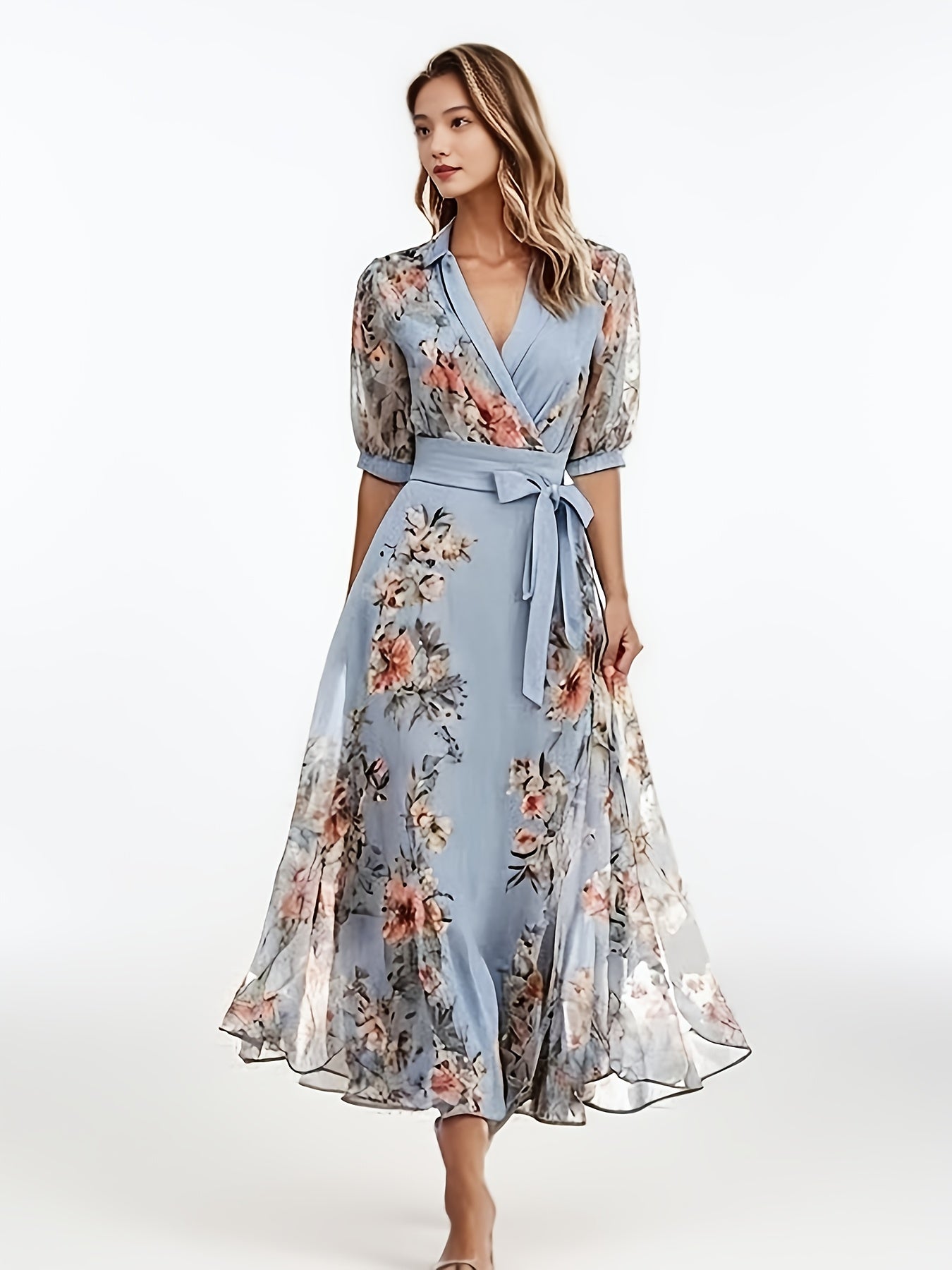 Women's Elegant Floral - Maxi Dress with V-Neck, A-Line Silhouette, Machine Washable for Wedding, Party, Everyday Outfits - Spring/Summer/Fall Clothing, Spring Fashion, Feminine Design, Comfortable Fit, Bow Detail, Casual Wear