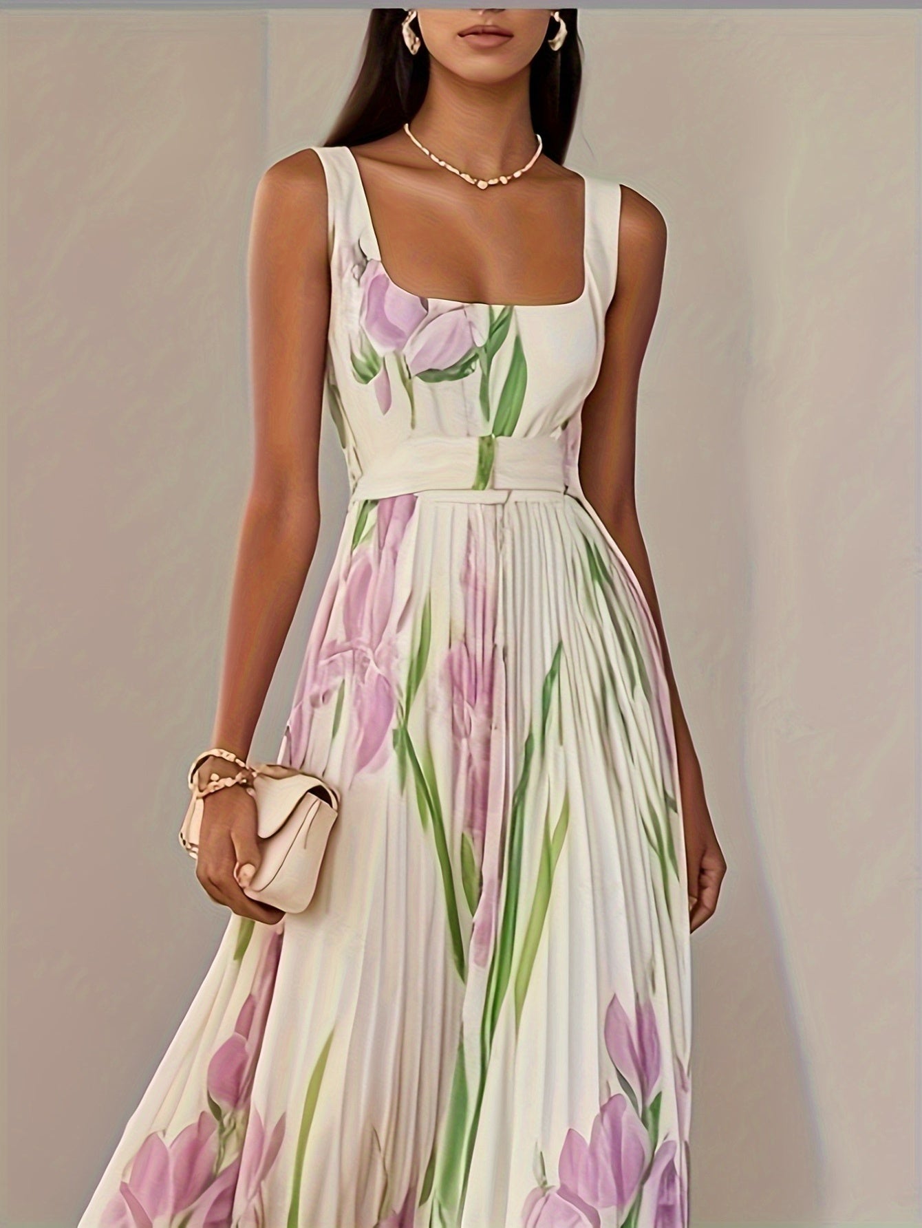 Women'S Elegant Floral Print A-Line Ball Gown - Long Formal dress with flared hem, Flowy party Wedding Gala Evening Gown in Soft Pastel Colors (Mint Green/Beige/Pink/White/ Lavender) - Formal Event Attire, Dresses for Wedding Guest, Summer Fashion,