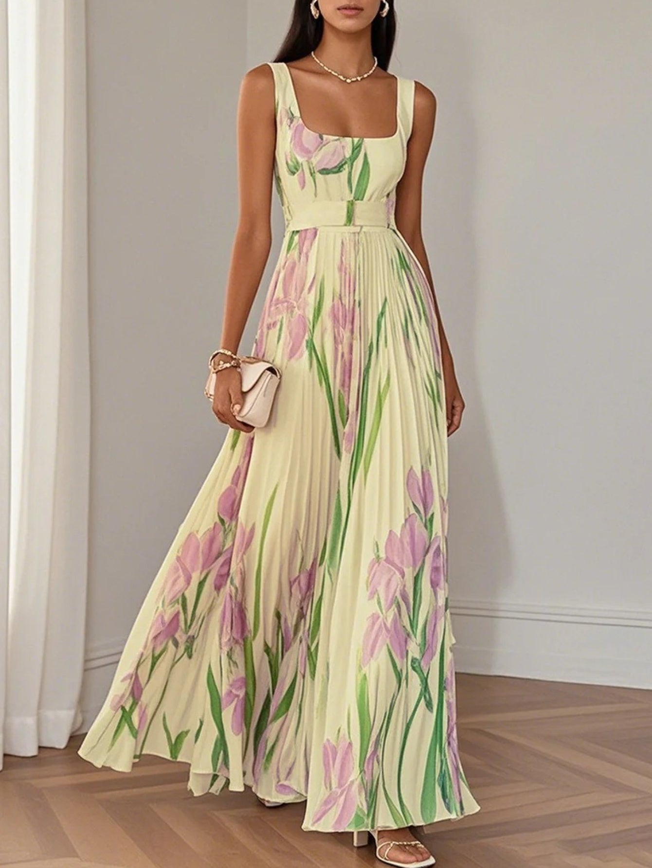 Women'S Elegant Floral Print A-Line Ball Gown - Long Formal dress with flared hem, Flowy party Wedding Gala Evening Gown in Soft Pastel Colors (Mint Green/Beige/Pink/White/ Lavender) - Formal Event Attire, Dresses for Wedding Guest, Summer Fashion,