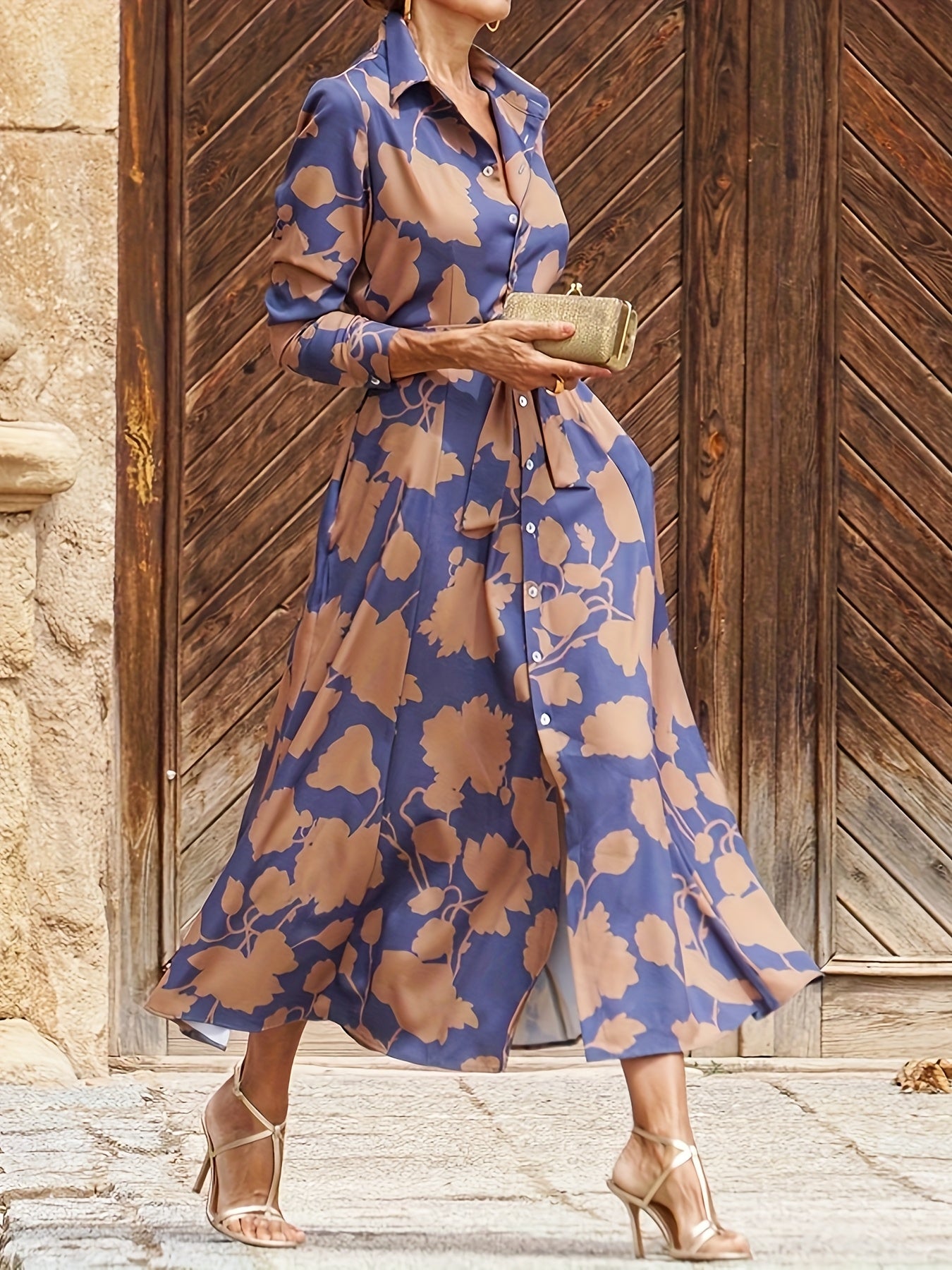 Women'S Elegant Floral Print Waist Dress - Long Formal & Casual Maxi Dress with Adjustable Waist Belt, Flared Hem, Brown/Blue Floral Pattern - Office, Party, Everyday Outfits - Fall/Winter Women'S Clothing, Cute Dresses, Office Attire, Sophisticated