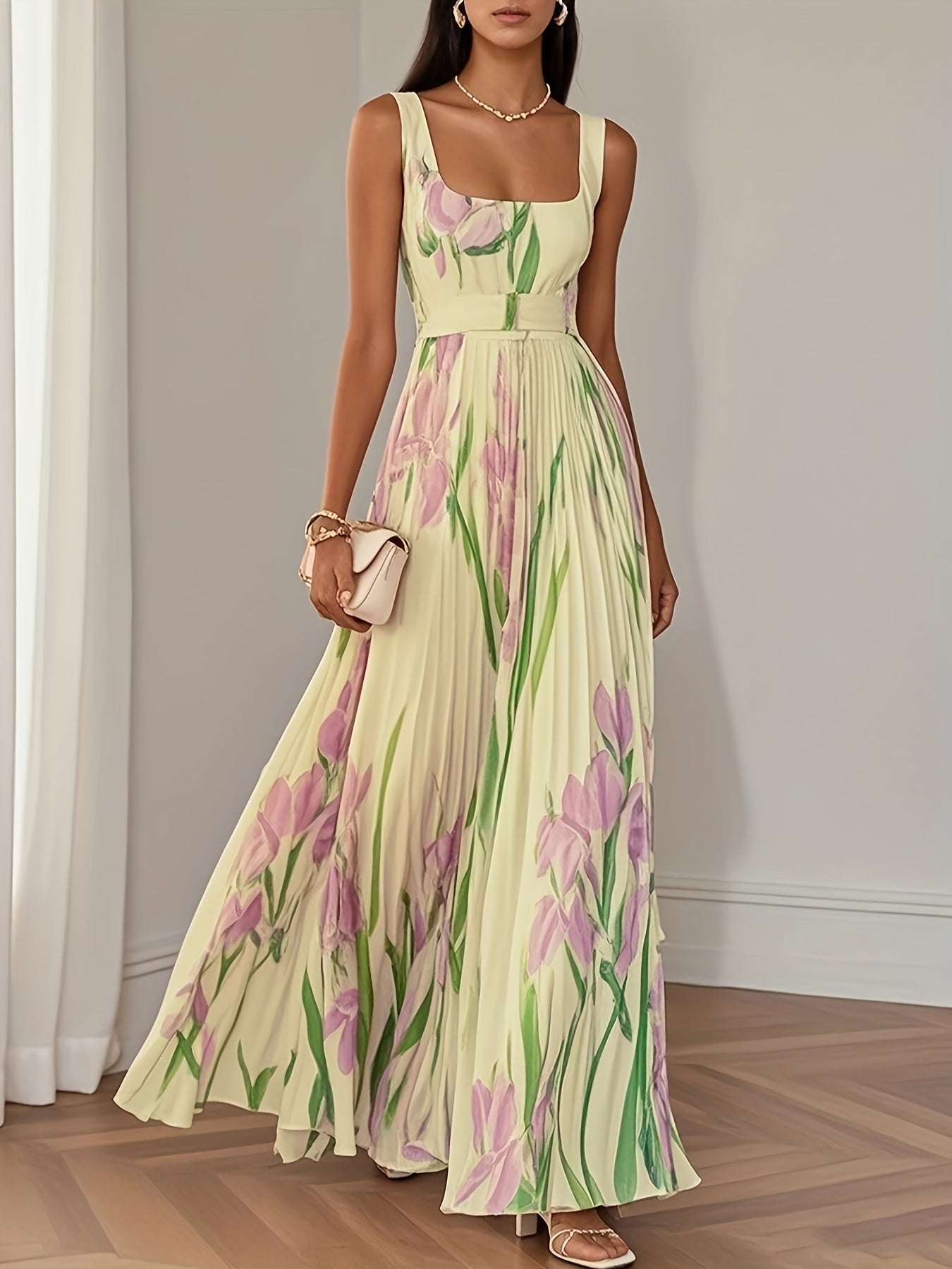 Women's Elegant Floral Print Square Neck Sleeveless High Waist A-Line Maxi Dress with Tulip Skirt - Lightweight Breathable Machine Washable Spring Summer Wedding Guest Party Dress in Mint Green & Pastel Pink, Non-Stretch Fabric
