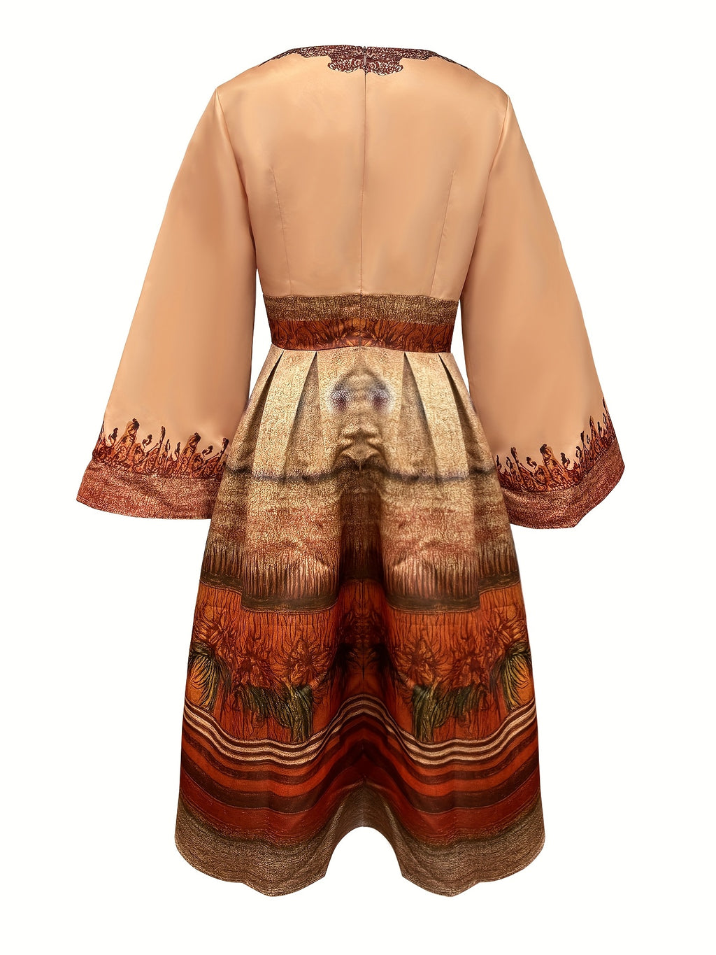 Elegant Floral Print Maxi Dress with Bell Sleeves and Cinched Waist - Vibrant Orange, Beige, and Brown Design, Long Sleeve, Flowy A-Line Silhouette, Perfect for Spring/Summer/Fall, Women'S Fashion, Floral Dress