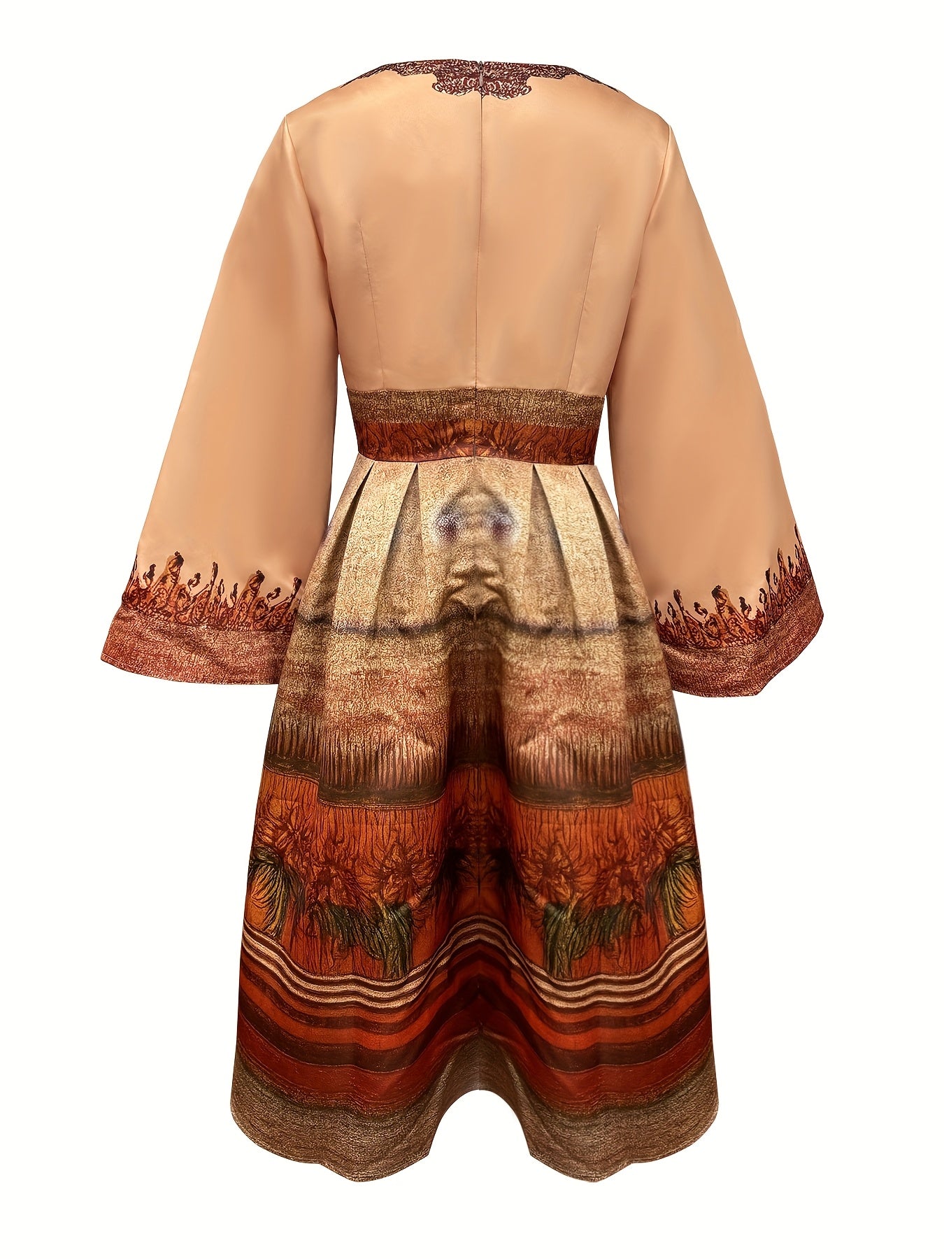 Elegant Floral Print Maxi Dress with Bell Sleeves and Cinched Waist - Vibrant Orange, Beige, and Brown Design, Long Sleeve, Flowy A-Line Silhouette, Perfect for Spring/Summer/Fall, Women'S Fashion, Floral Dress