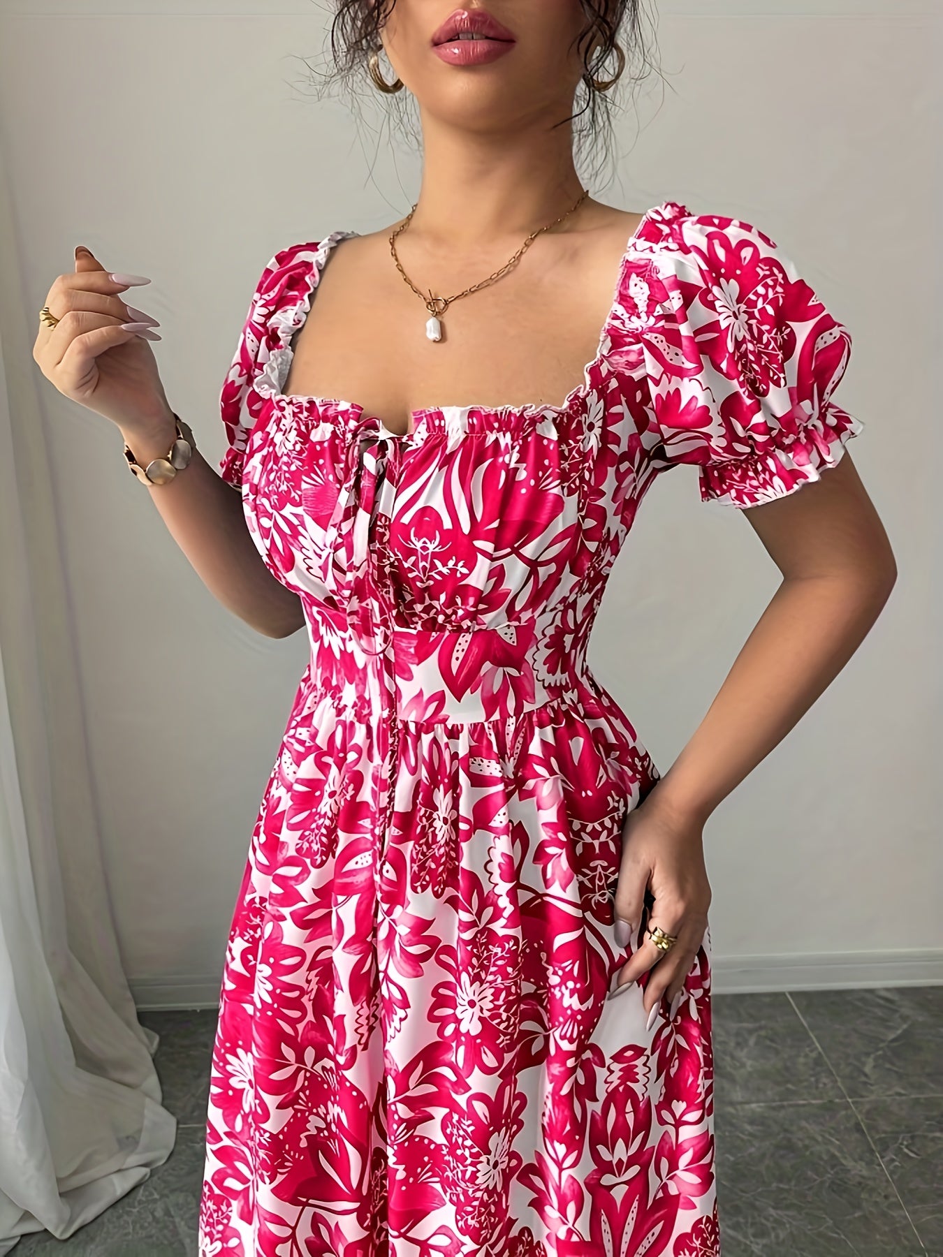 Women's Elegant Floral maxi dress - Floral print, Adjustable front tie waist, A-Line formal & casual Dresses for Parties, Beach, Everyday - Machine Washable Women's Evening gowns, Floral Print Dress, Summer Fashion, No Stretch Fabric