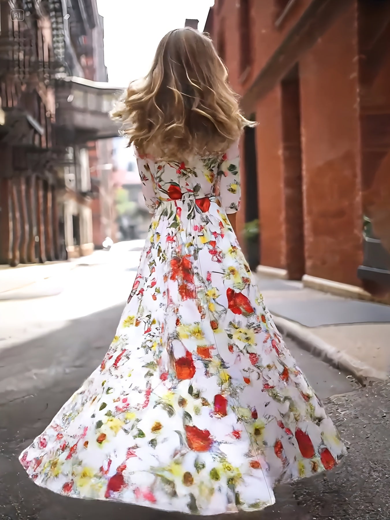 Elegant Floral Maxi Dress with Ruffled Hem - Spring/Summer Commute Dress, Round Neck, Lightweight Fabric, Perfect for Adult Women, Commute Dress | Floral Print Dress | Lightweight Fabric