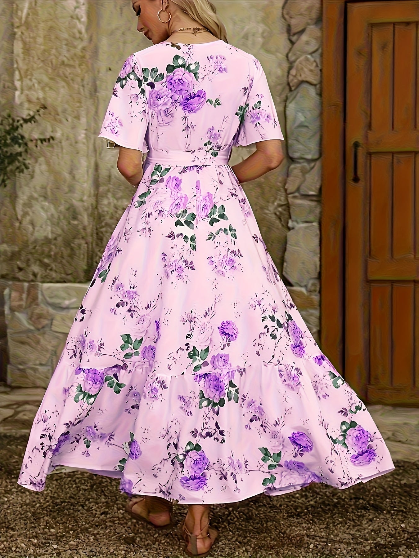 [Floral Midi Dress] Elegant Floral Print Women's V-Neck Midi Dress | Adjustable Waist Belt, Sleeveless A-Line Long Dress | Machine Washable, Casual to Formal Wear for Spring Summer Fall