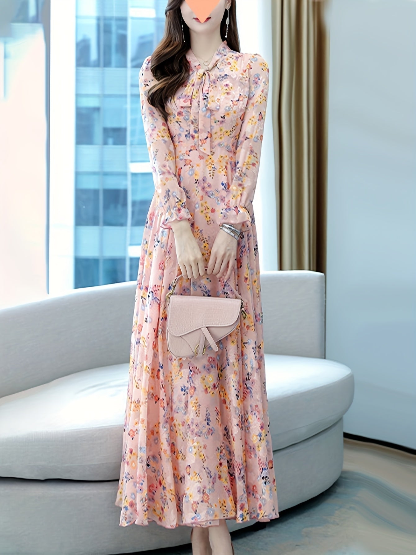 Bowknot V-neck Floral Chiffon Dress Fashionable And Casual Long-sleeved Waist Wide Hem Bohemian Cuckoo Style Printed Long Skirt