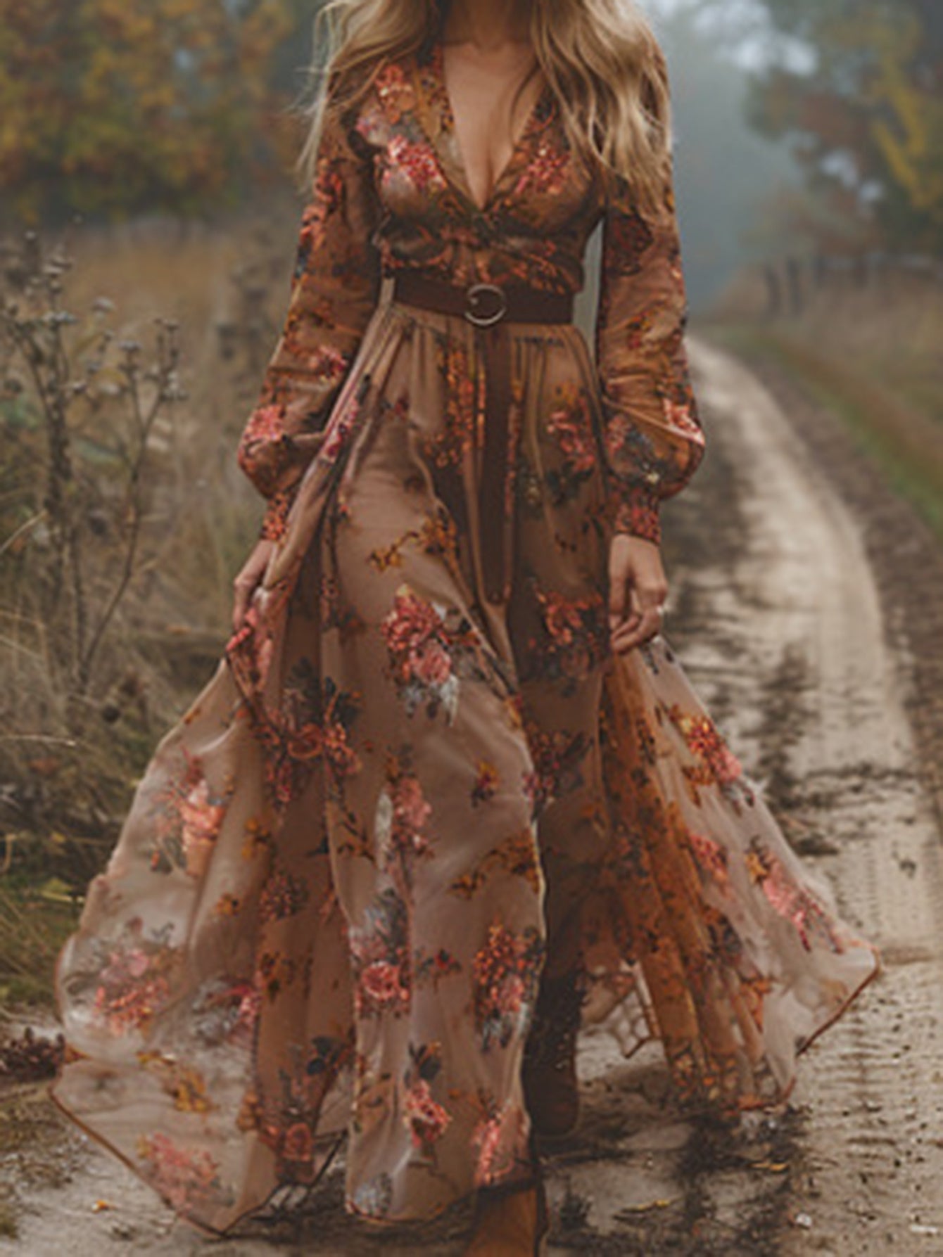 ZOELNIC Elegant Long Sleeve Floral Maxi Dress with Deep V-Neck | Chic Party & Casual Wear(Not Include Belt), Stylish Dresses for Women, Evening Gown for Women Elegant Classy, Classy Dresses for Women High Quality, Long Dress with Sleeves, Wedding Dress
