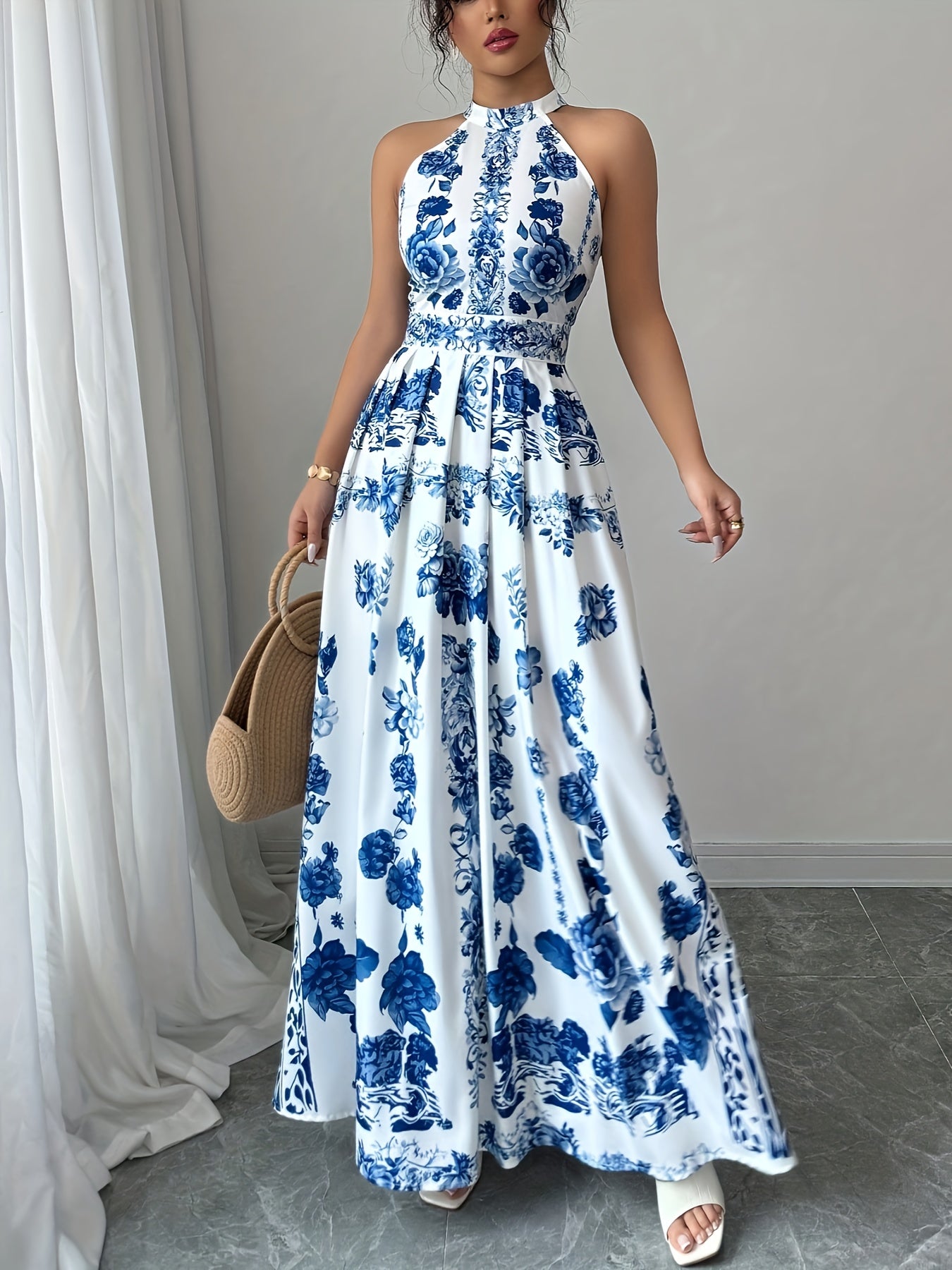 [Elegant Floral Dress] Blue & White Floral Print A-Line Summer Dress | Women's Elegant Sleeveless Dress | Machine Washable Polyester, Regular Fit for Casual & Festive Occasions