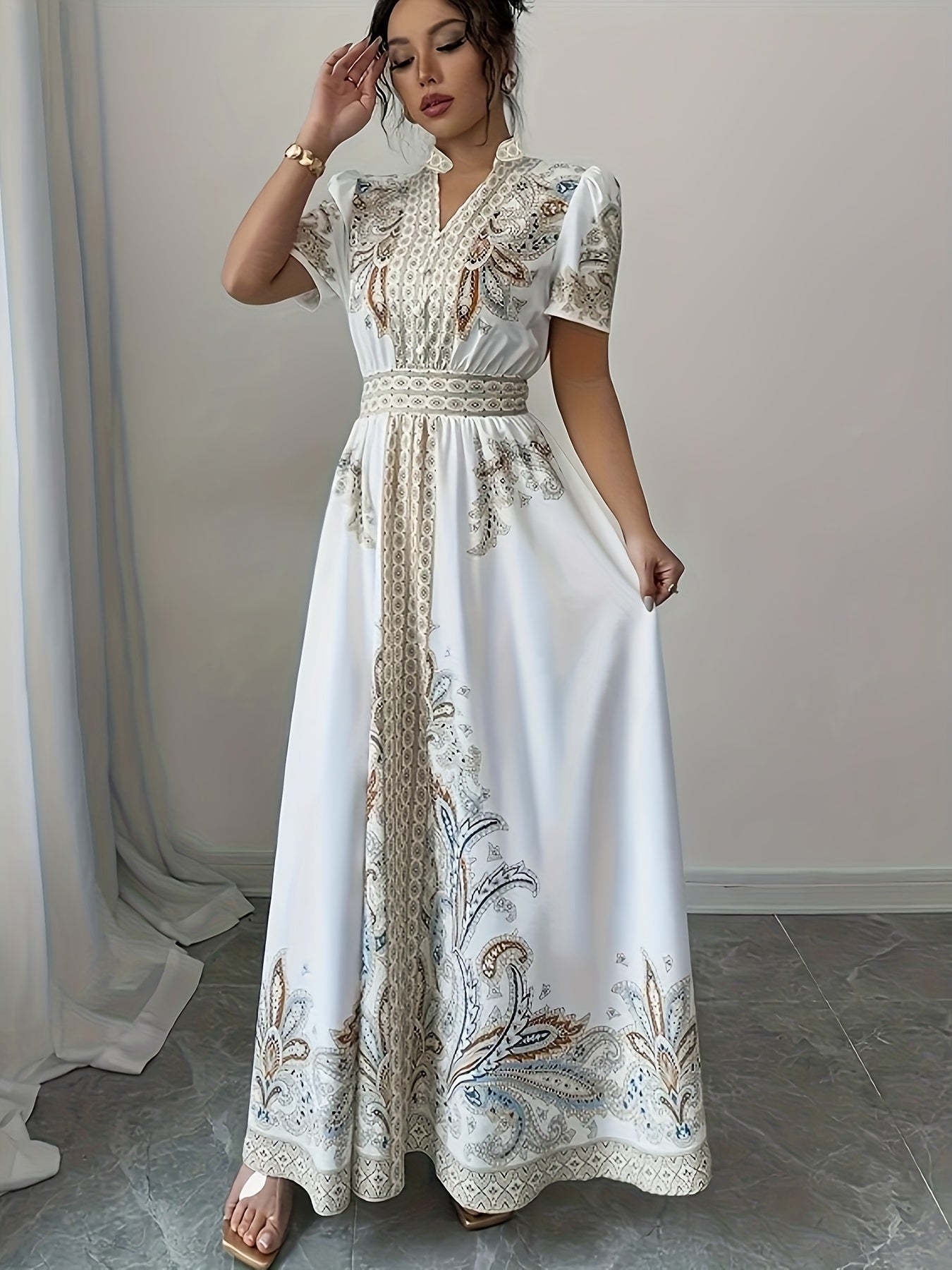 Elegant Bohemian V-Neck Maxi Dress with Intricate Floral Details - White, Short Sleeves, Cinched Waist, Flowy Skirt, Perfect for Spring/Summer, Adult Women'S Fashion, Bohemian Dress