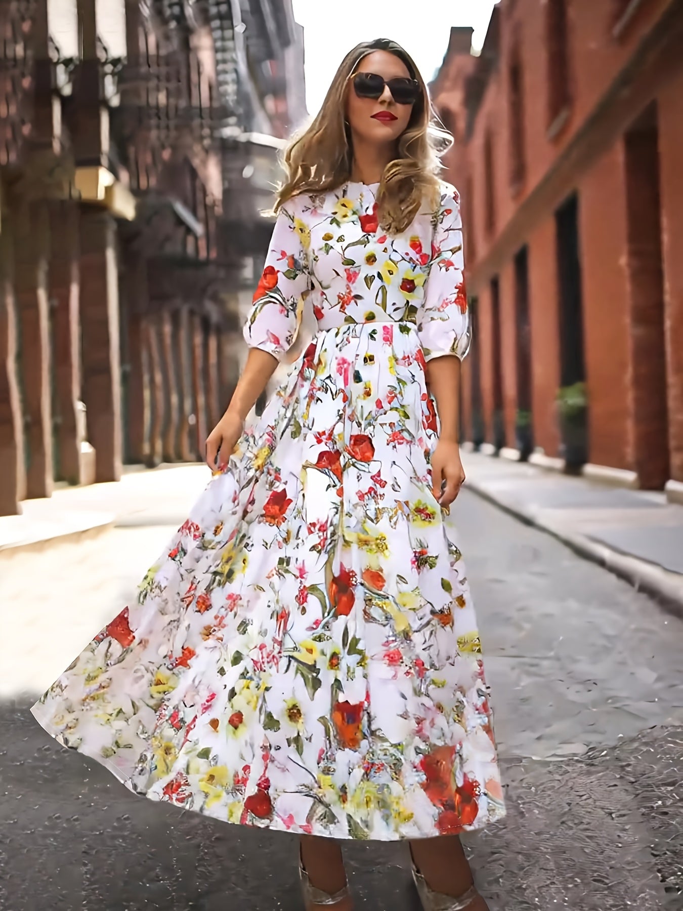 Elegant Floral Maxi Dress with Ruffled Hem - Spring/Summer Commute Dress, Round Neck, Lightweight Fabric, Perfect for Adult Women, Commute Dress | Floral Print Dress | Lightweight Fabric