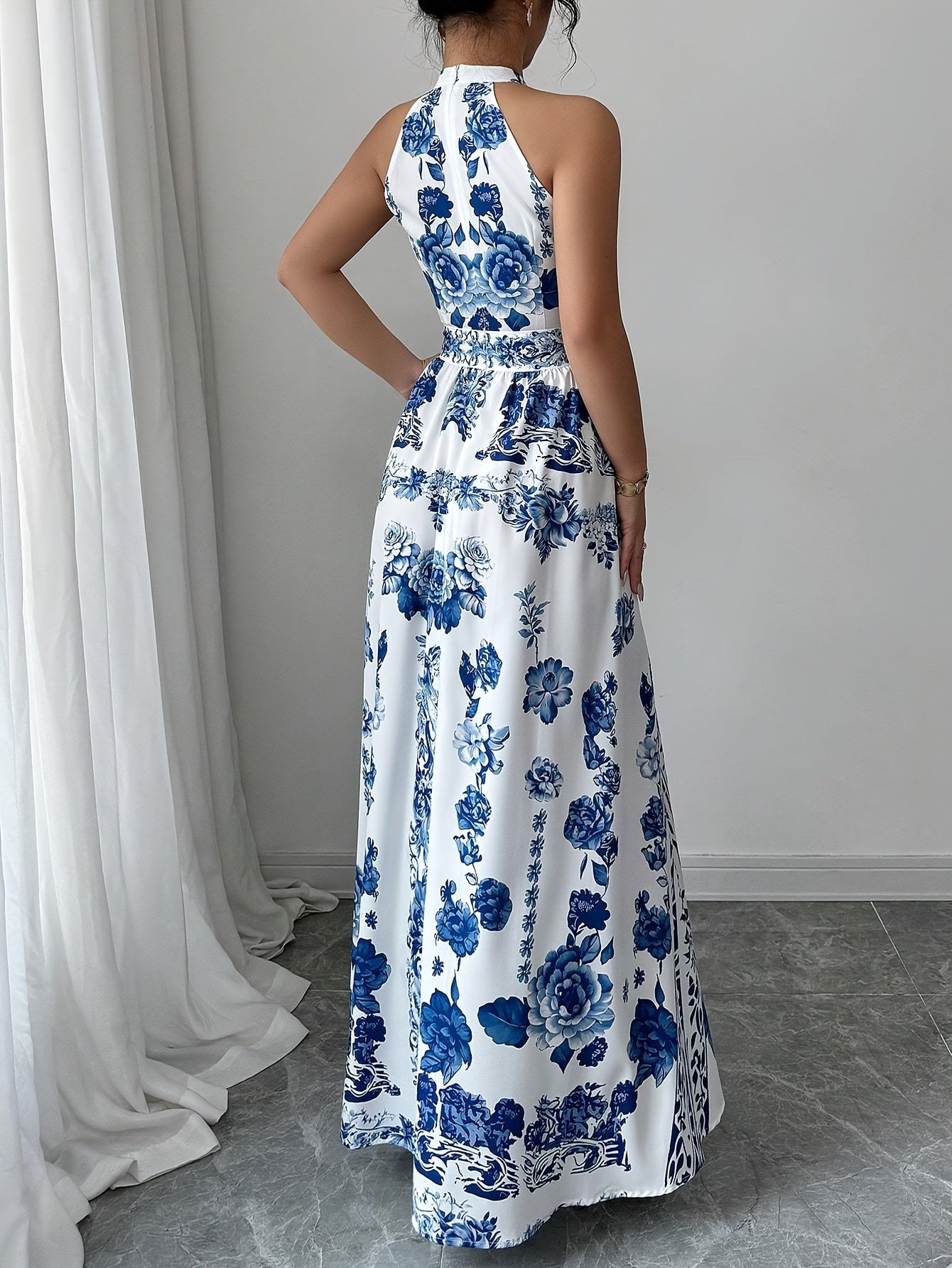 [Elegant Floral Dress] Blue & White Floral Print A-Line Summer Dress | Women's Elegant Sleeveless Dress | Machine Washable Polyester, Regular Fit for Casual & Festive Occasions