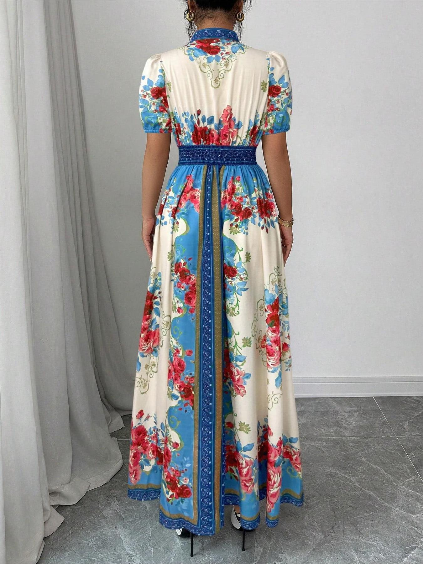 Women's Floral A-Line dress - flared hem party & Formal Dress with - Elegant Floral print in Blue/Red/White/, Machine Washable for Weddings, Garden Parties, Everyday Outfits - Non-Stretch Fabric, Wedding Guest Attire, Short Sleeve Design