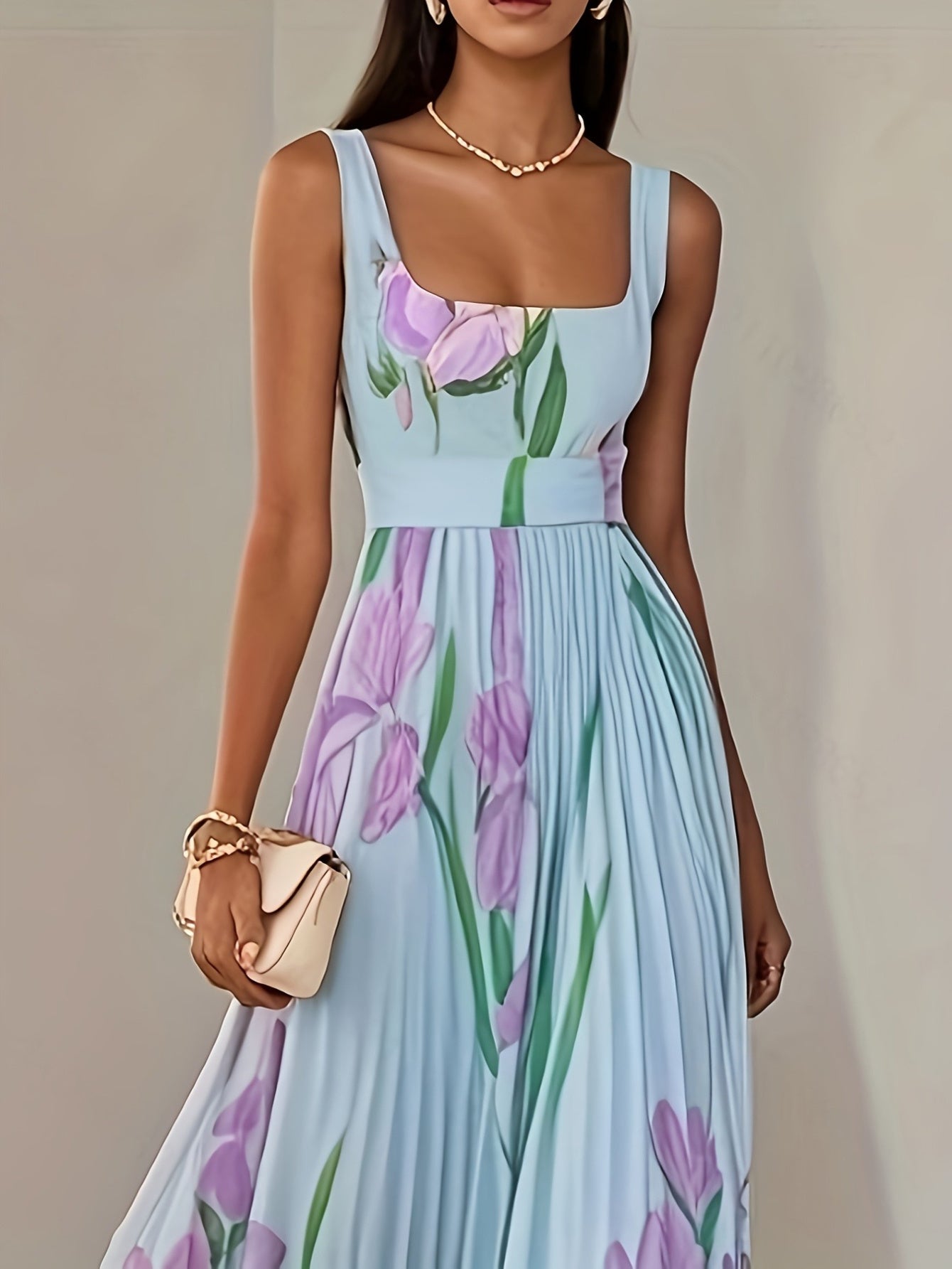 Women'S Elegant Floral Print A-Line Ball Gown - Long Formal dress with flared hem, Flowy party Wedding Gala Evening Gown in Soft Pastel Colors (Mint Green/Beige/Pink/White/ Lavender) - Formal Event Attire, Dresses for Wedding Guest, Summer Fashion,