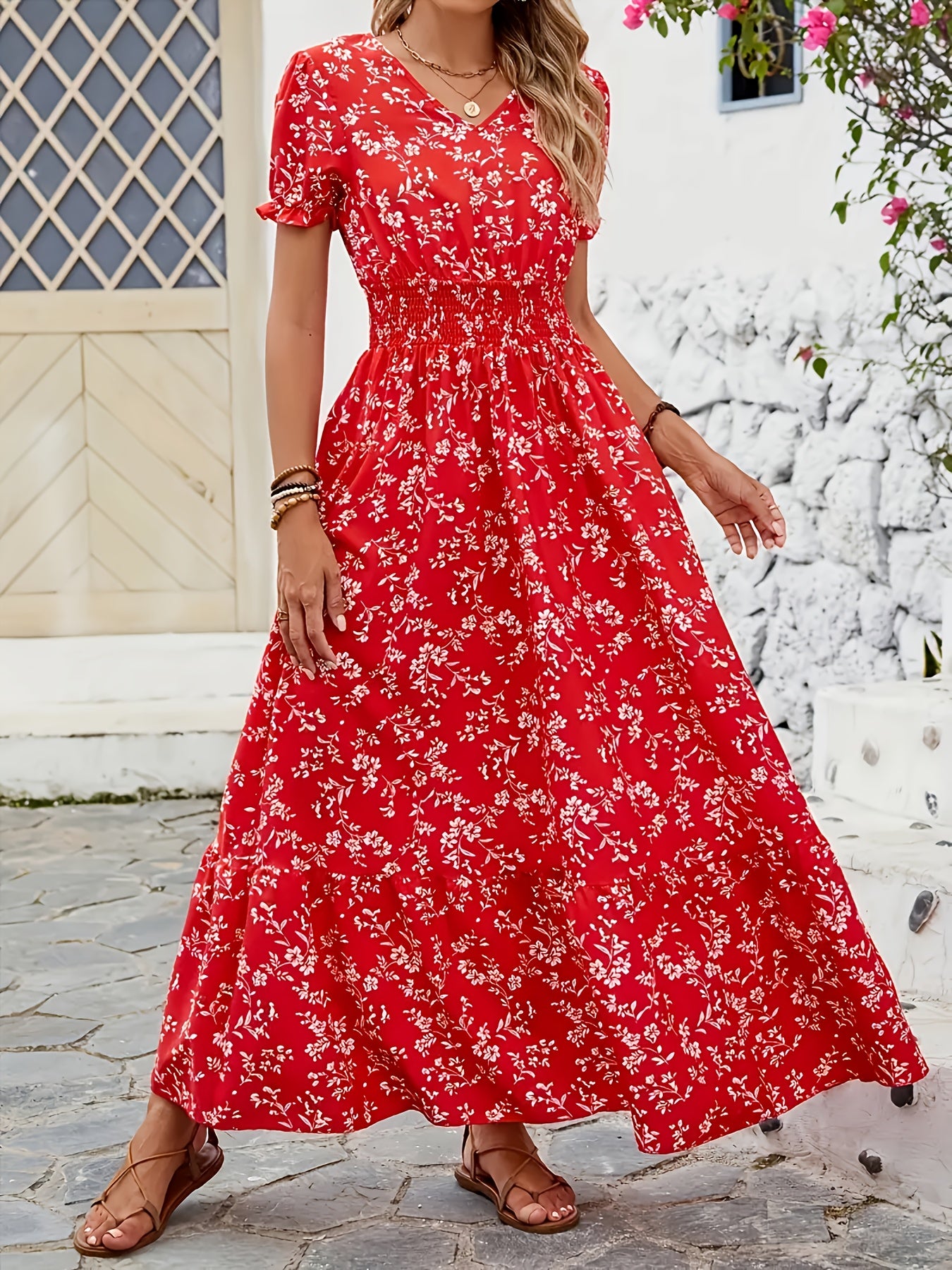 Women's Floral print long dress - Non-Stretchy A-Line party & Formal Outfit with Cinched Waist, Flared Hem - Machine Washable Red Floral Dress for Women (Spring/Fall/Summer) - Elegant Evening Gown for Weddings, Brunch, Office - Ready-to-Wear Collection,